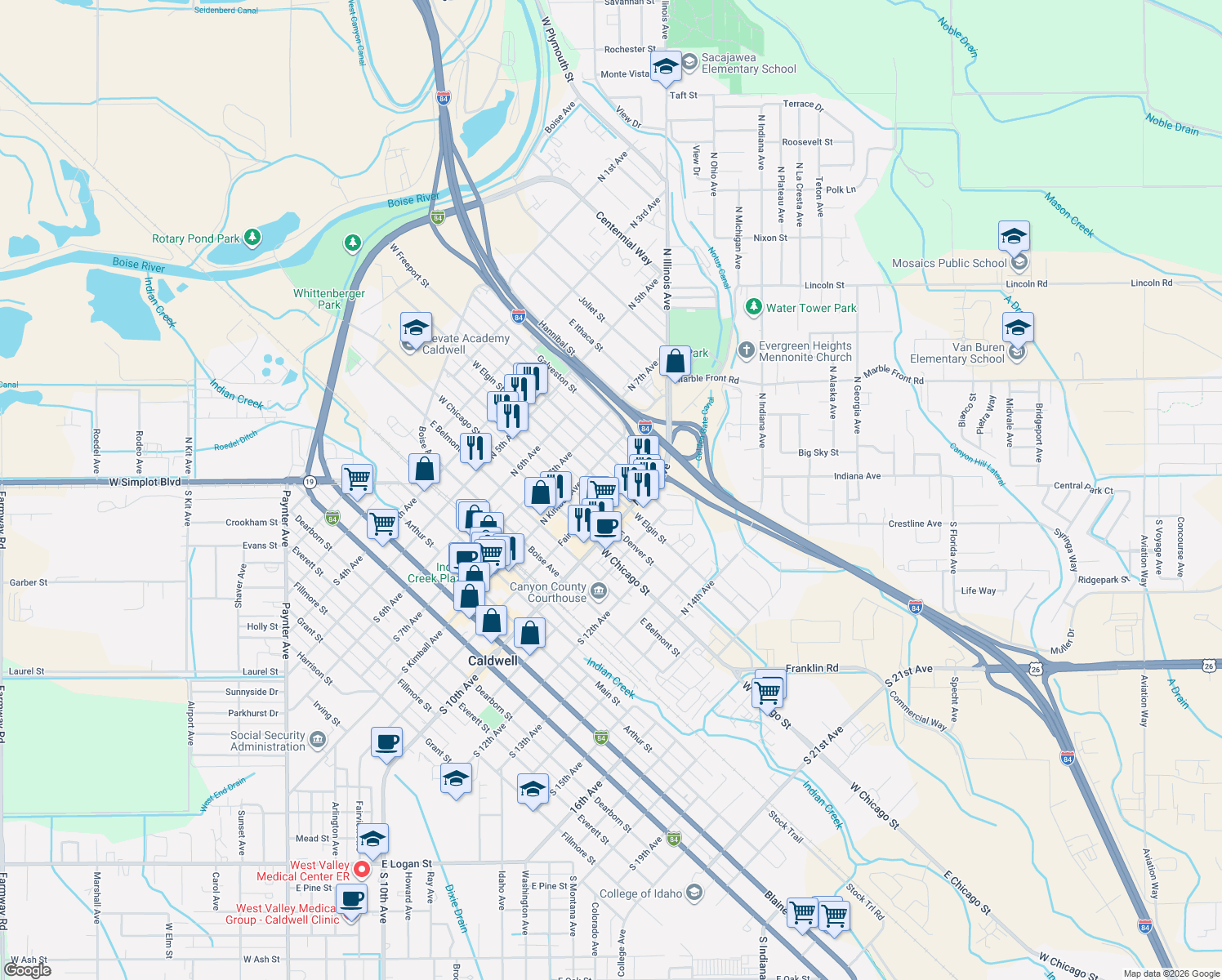 map of restaurants, bars, coffee shops, grocery stores, and more near 901 E Elgin St in Caldwell