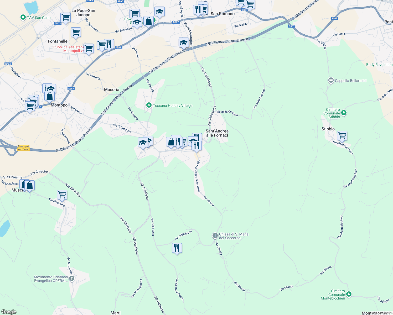 map of restaurants, bars, coffee shops, grocery stores, and more near 24 Via Santo Stefano in Montopoli
