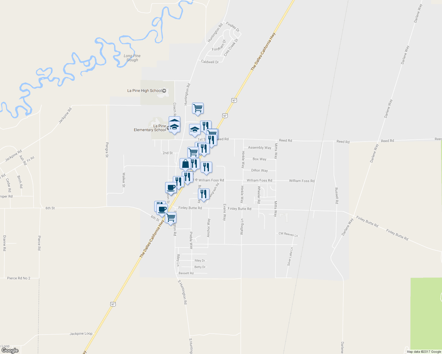 map of restaurants, bars, coffee shops, grocery stores, and more near 16540 William Foss Road in La Pine