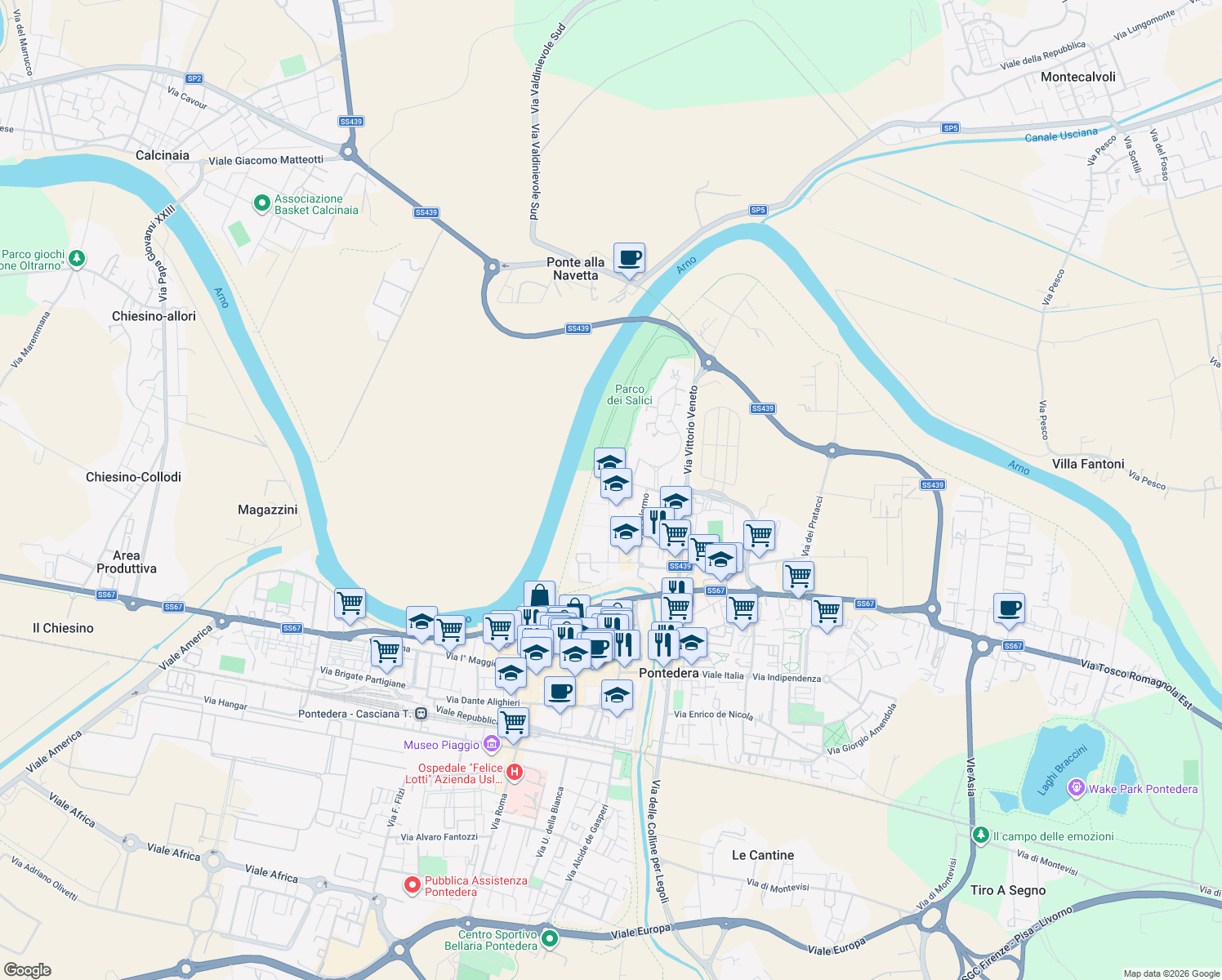map of restaurants, bars, coffee shops, grocery stores, and more near 58 Via Bologna in Pontedera
