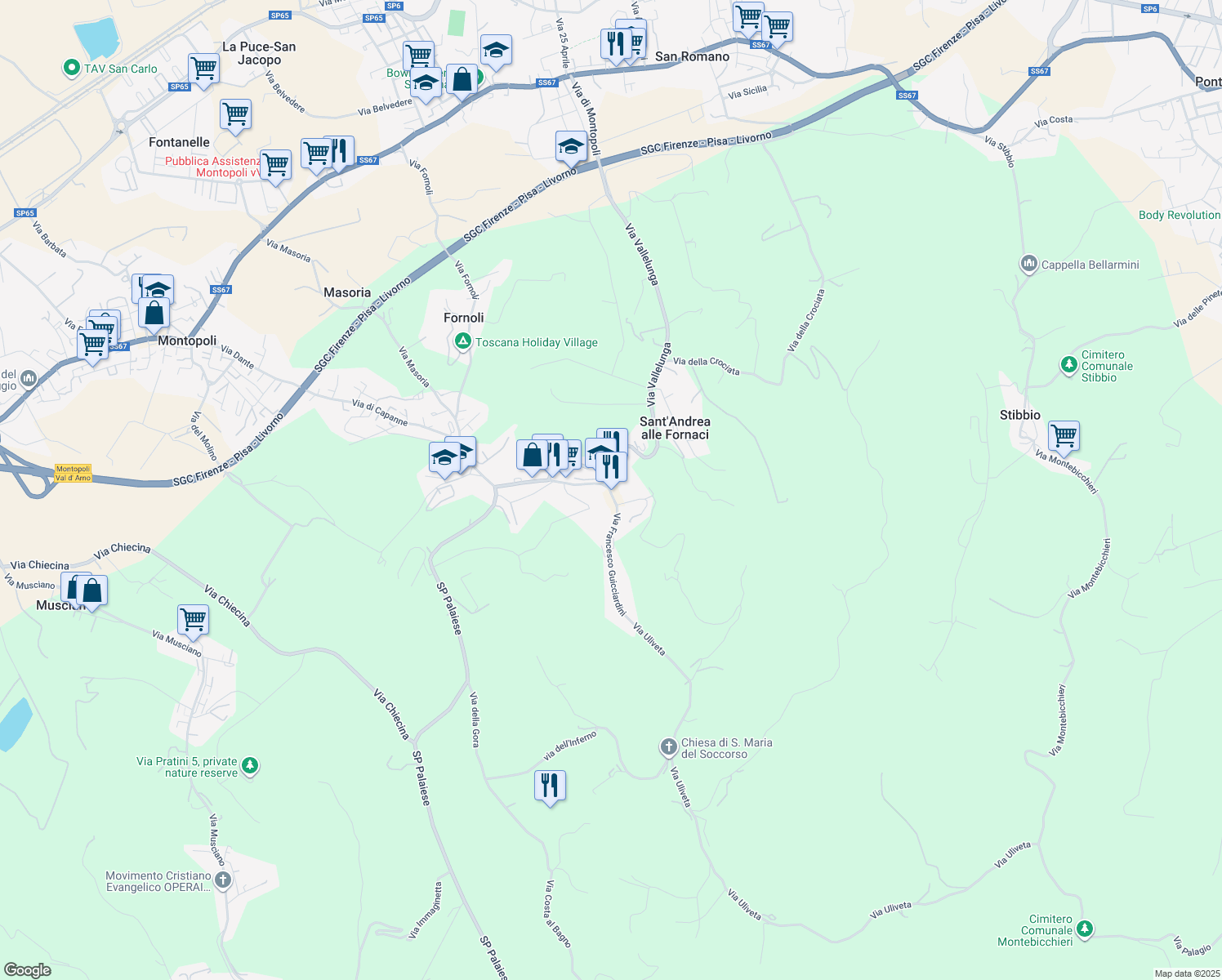 map of restaurants, bars, coffee shops, grocery stores, and more near 24 Via San Stefano in Montopoli
