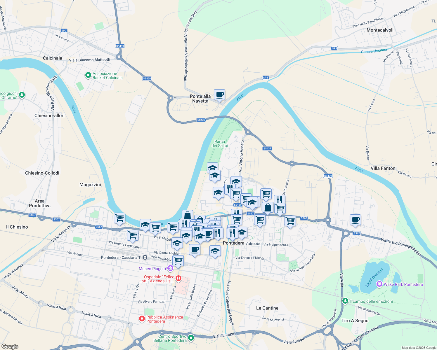 map of restaurants, bars, coffee shops, grocery stores, and more near 58 Via Bologna in Pontedera