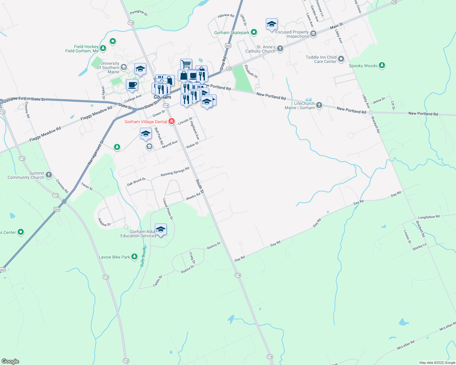 map of restaurants, bars, coffee shops, grocery stores, and more near 24 Strawberry Ln in Gorham