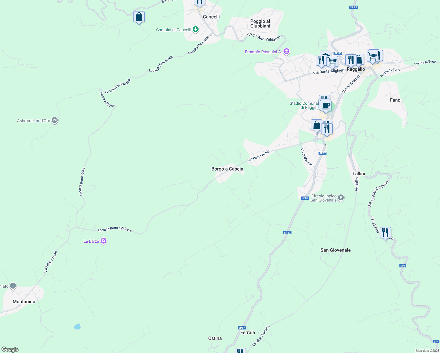 map of restaurants, bars, coffee shops, grocery stores, and more near 225 Località Borgo a Cascia in Borgo A Cascia