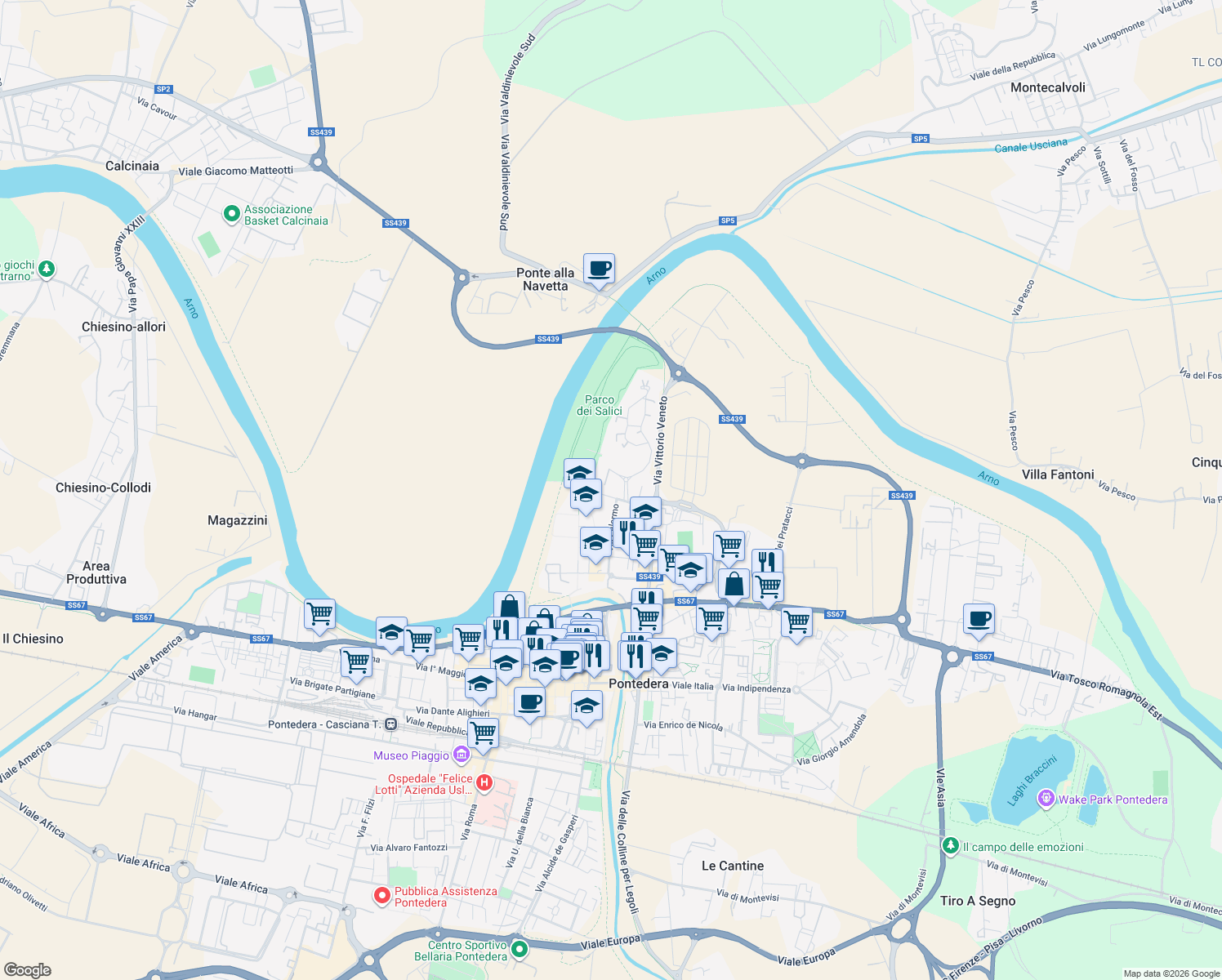 map of restaurants, bars, coffee shops, grocery stores, and more near 4 Via Napoli in Pontedera