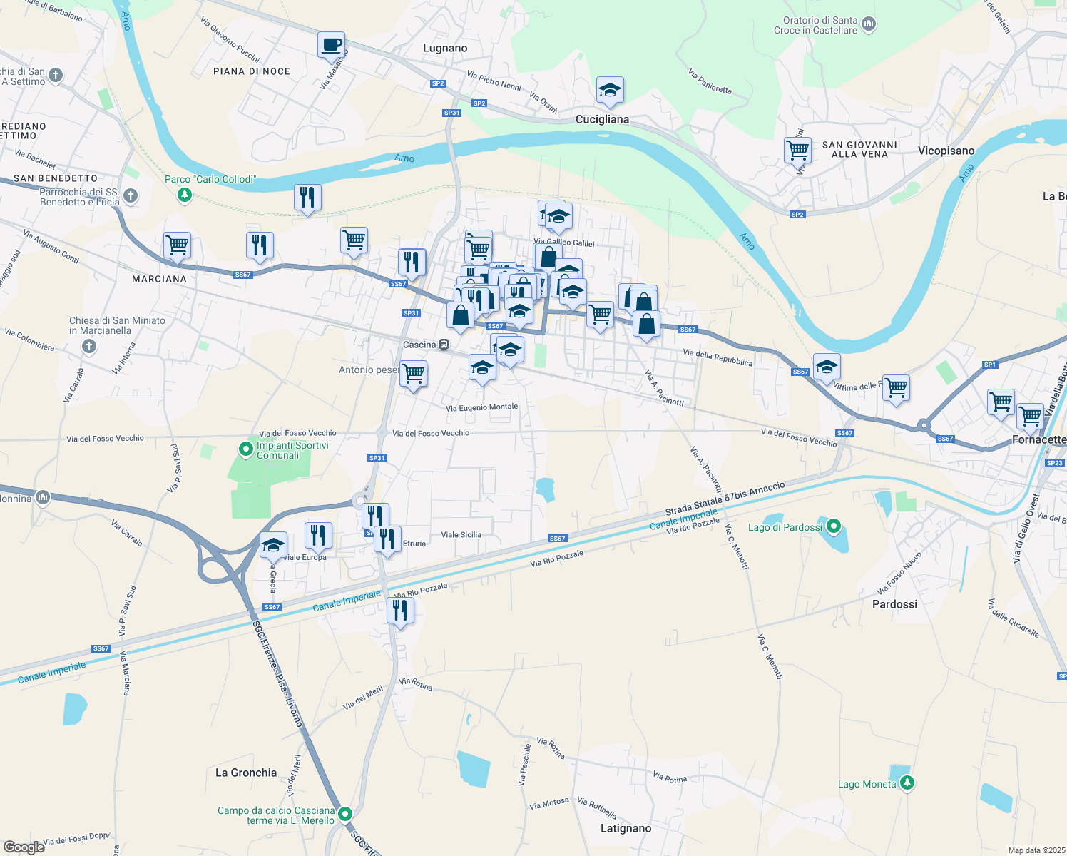 map of restaurants, bars, coffee shops, grocery stores, and more near 215 Via B. Genovesi Sud in Cascina