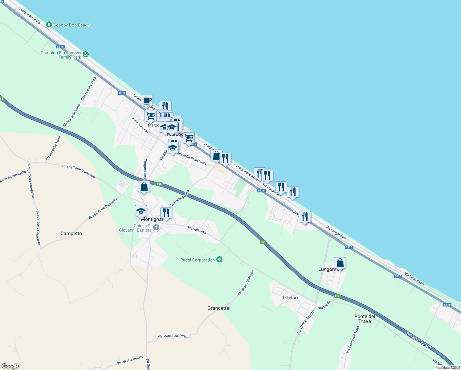 map of restaurants, bars, coffee shops, grocery stores, and more near 7 Via dell'Industria in Montignano-Marzocca