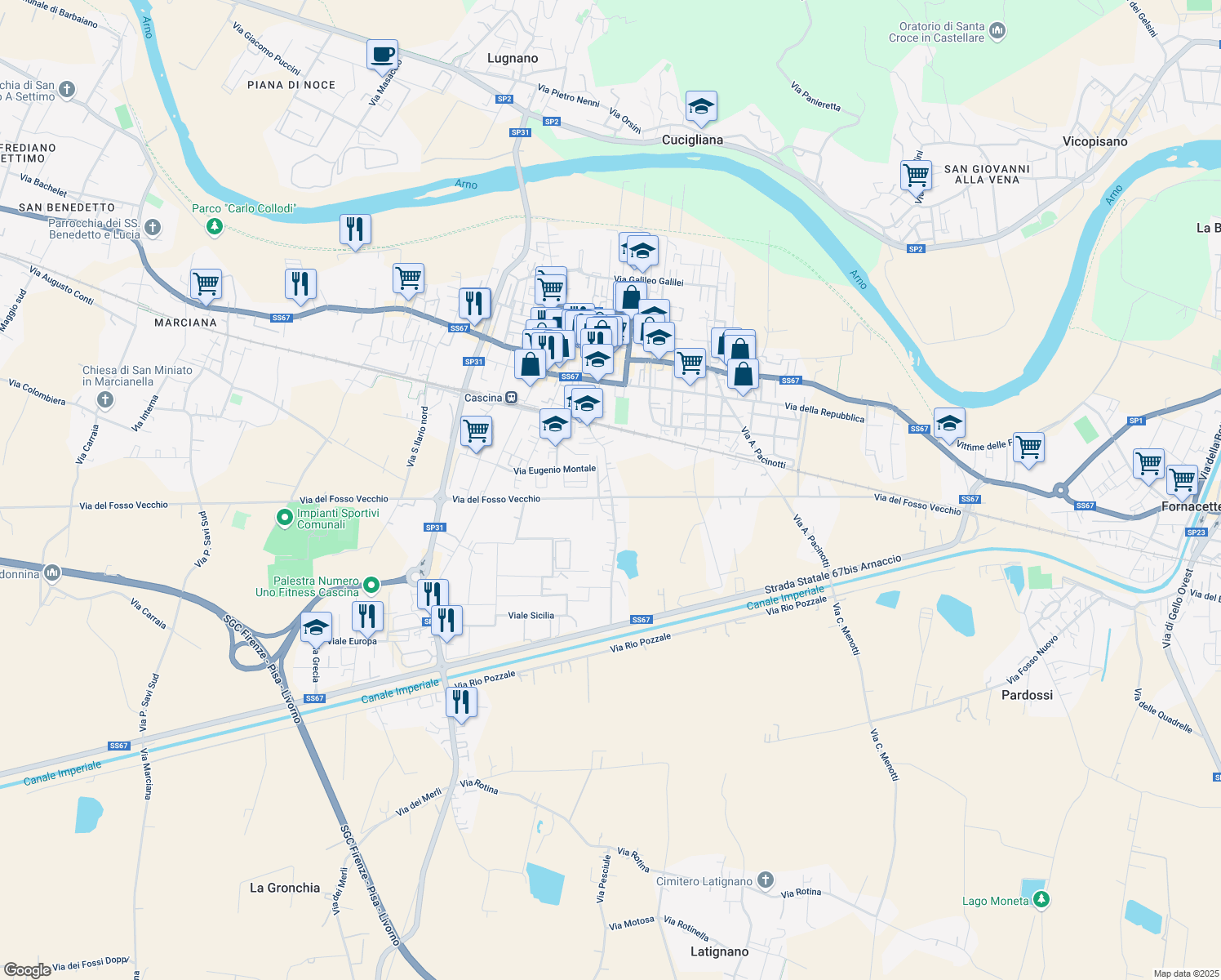 map of restaurants, bars, coffee shops, grocery stores, and more near 215 Via B. Genovesi Sud in Cascina