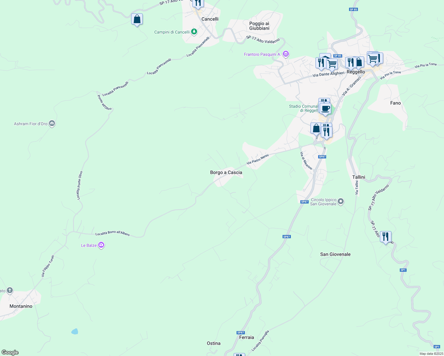 map of restaurants, bars, coffee shops, grocery stores, and more near 225 Località Borgo a Cascia in Borgo A Cascia