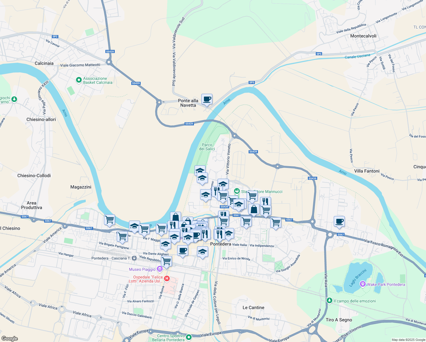 map of restaurants, bars, coffee shops, grocery stores, and more near 4 Via Napoli in Pontedera
