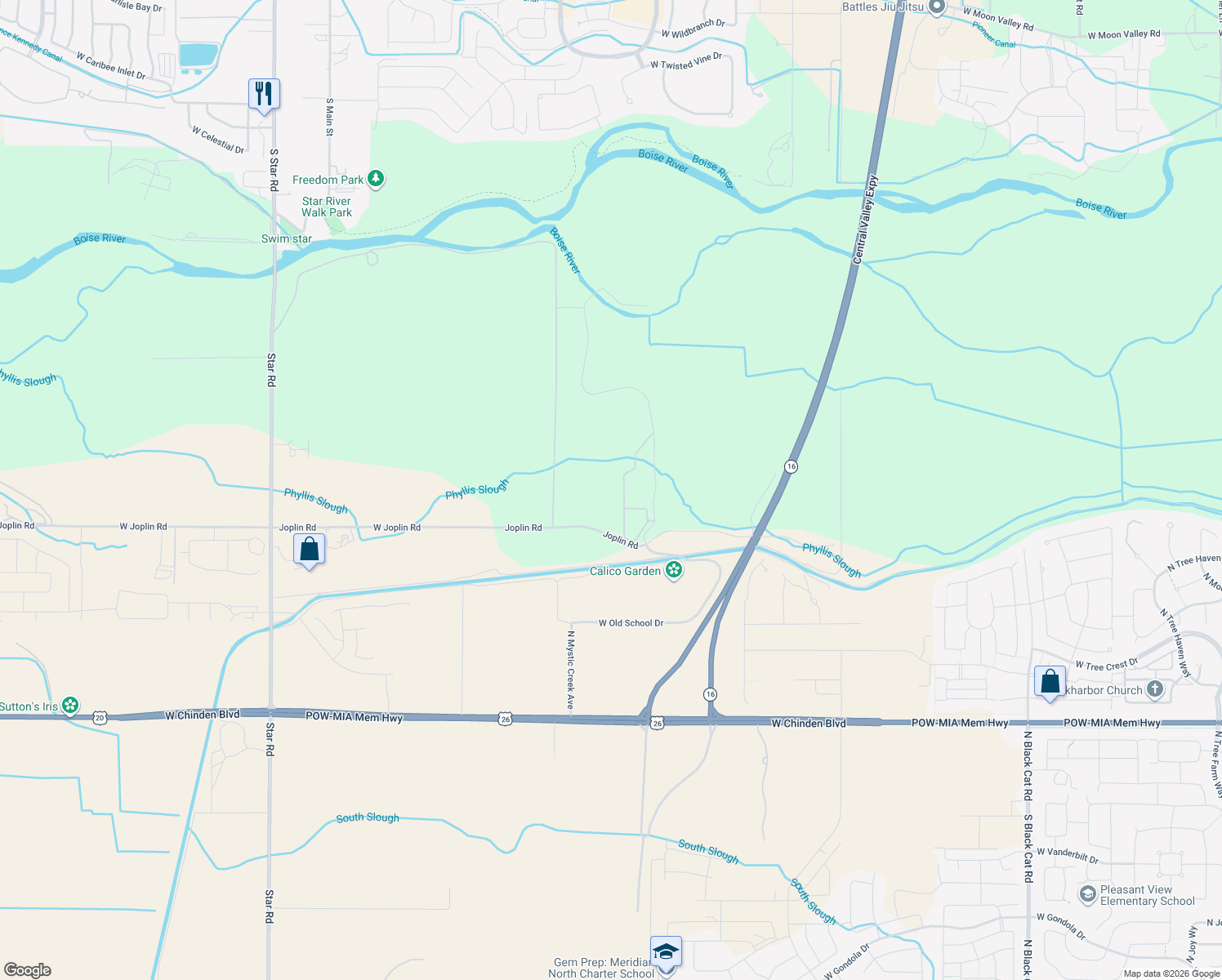 map of restaurants, bars, coffee shops, grocery stores, and more near 7549 North Stonebriar Lane in Meridian