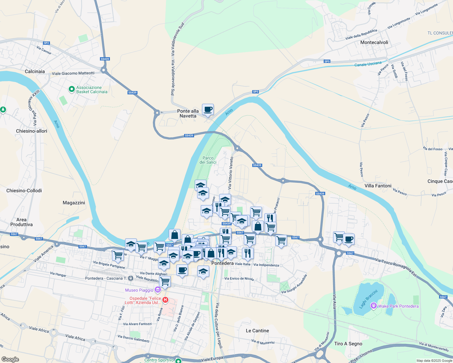 map of restaurants, bars, coffee shops, grocery stores, and more near 37 Via Venezia in Pontedera