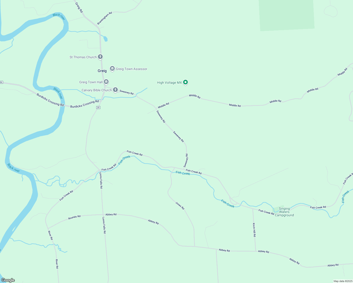 map of restaurants, bars, coffee shops, grocery stores, and more near 7248 Sweeney Road in Lyons Falls