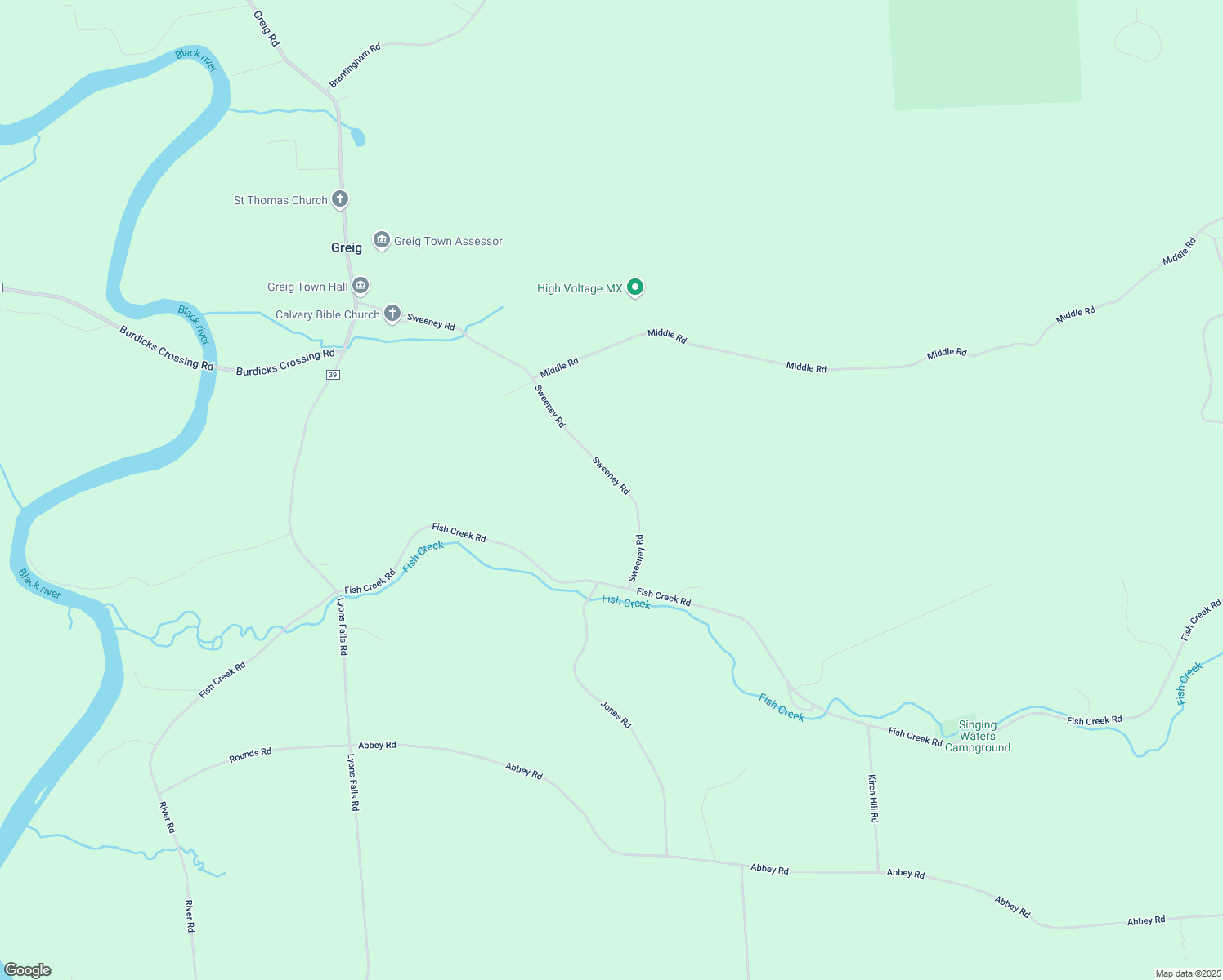 map of restaurants, bars, coffee shops, grocery stores, and more near 7248 Sweeney Road in Lyons Falls