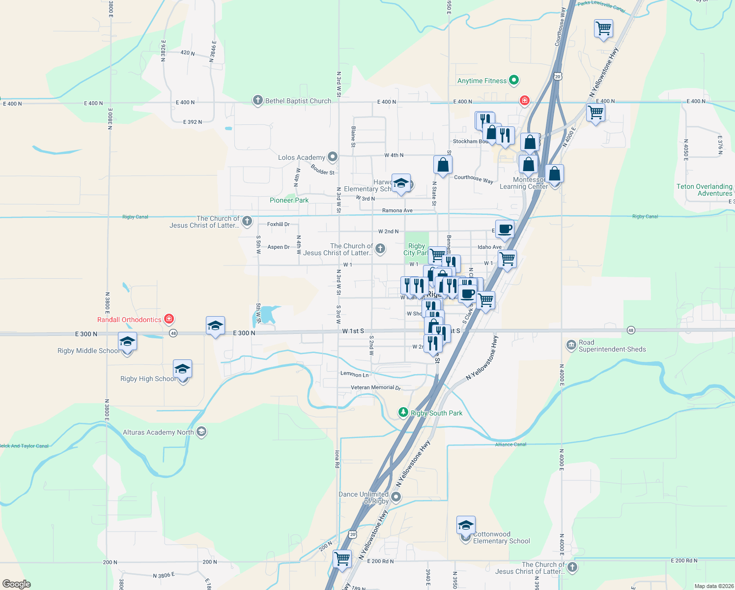 map of restaurants, bars, coffee shops, grocery stores, and more near 302 W Main St in Rigby