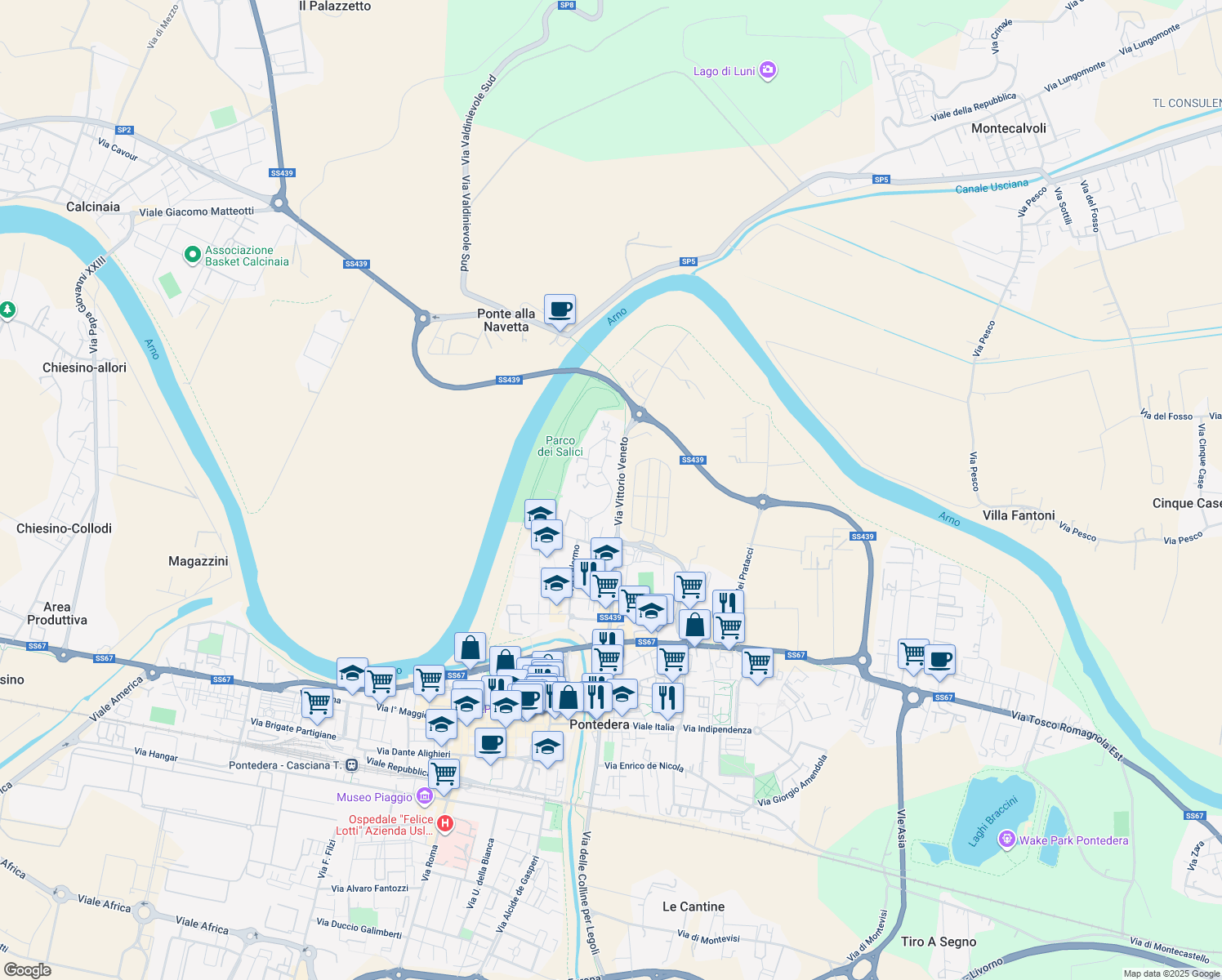 map of restaurants, bars, coffee shops, grocery stores, and more near 37 Via Venezia in Pontedera
