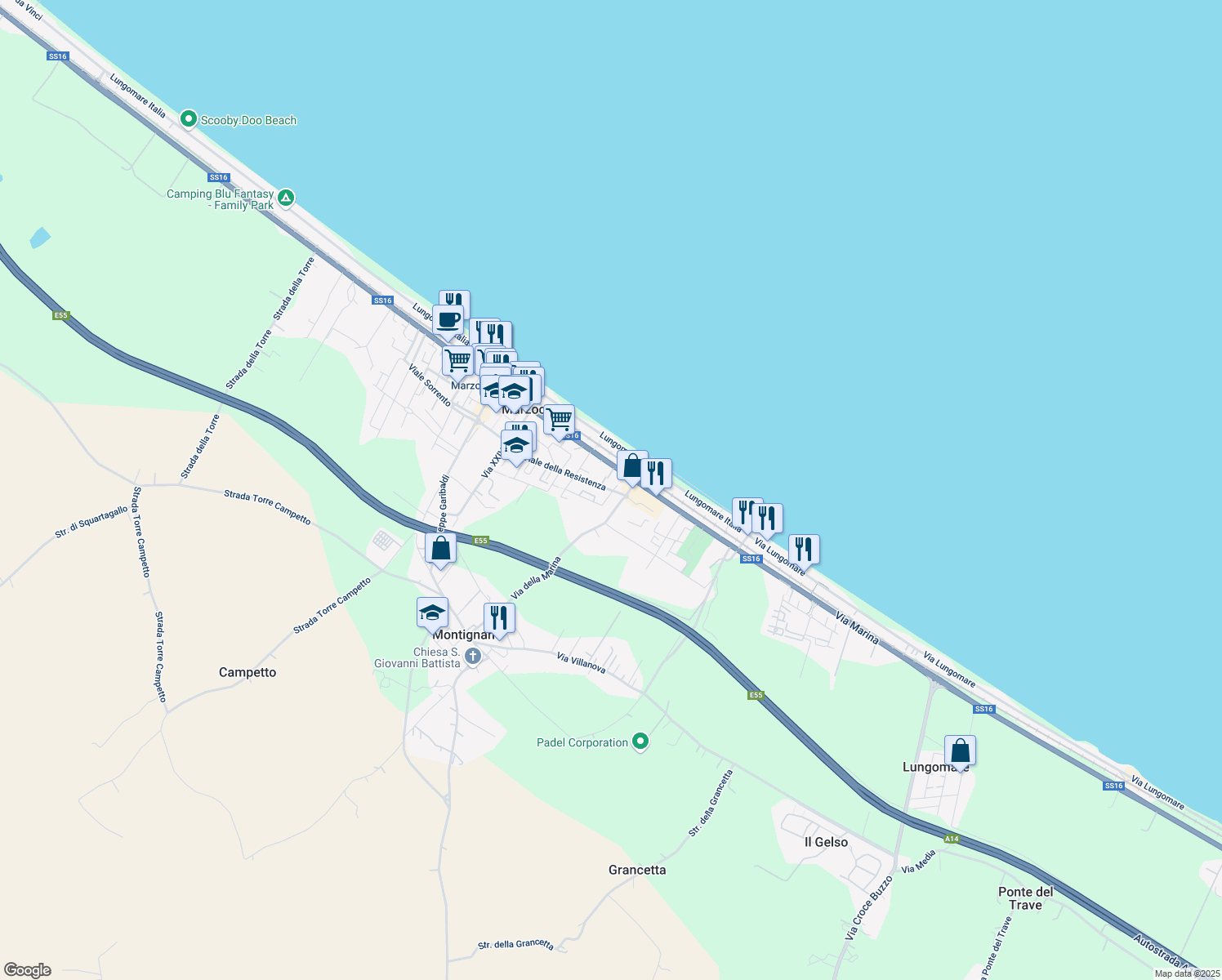 map of restaurants, bars, coffee shops, grocery stores, and more near 17/D Viale della Resistenza in Montignano-marzocca