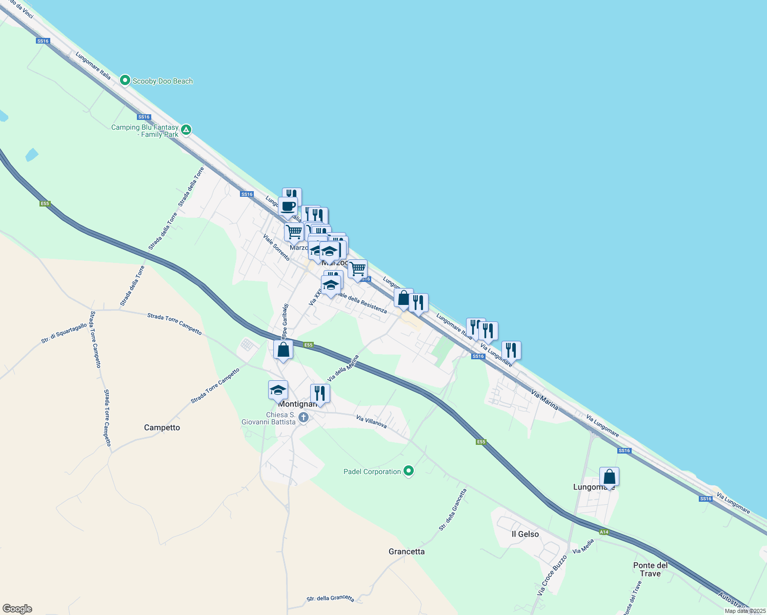 map of restaurants, bars, coffee shops, grocery stores, and more near 17 Viale della Resistenza in Montignano-marzocca