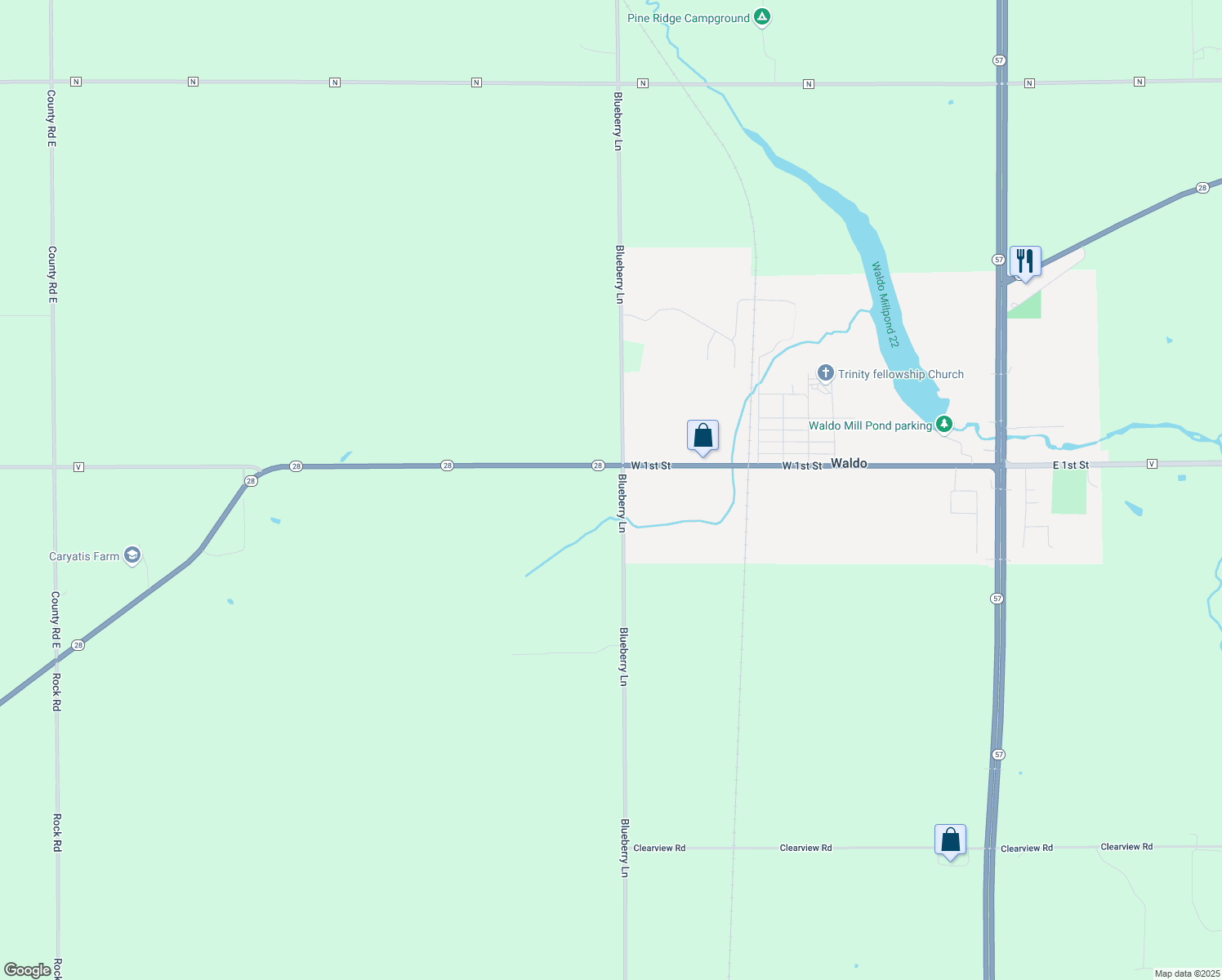 map of restaurants, bars, coffee shops, grocery stores, and more near N3678 Blueberry Lane in Waldo