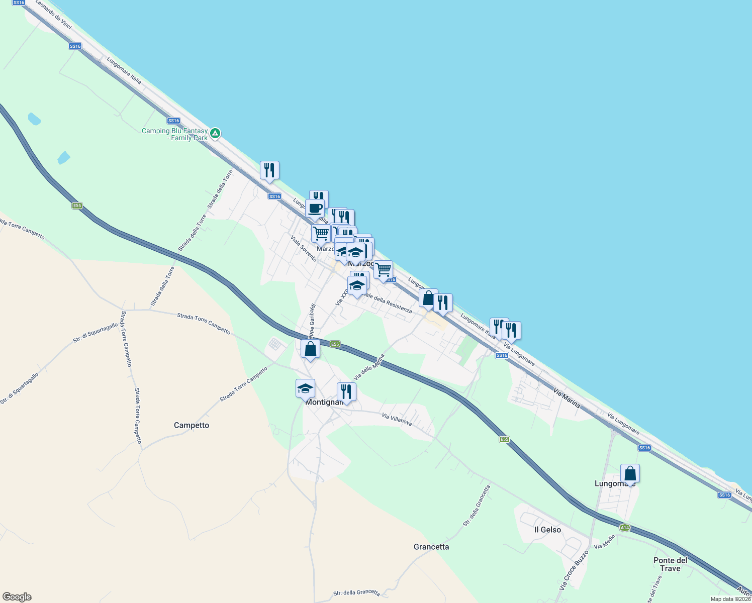 map of restaurants, bars, coffee shops, grocery stores, and more near 78 Viale della Resistenza in Montignano-marzocca