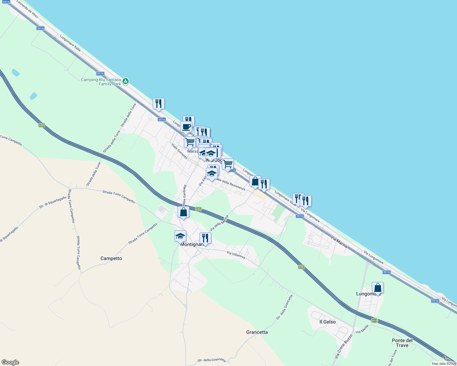 map of restaurants, bars, coffee shops, grocery stores, and more near 78 Viale della Resistenza in Montignano-marzocca