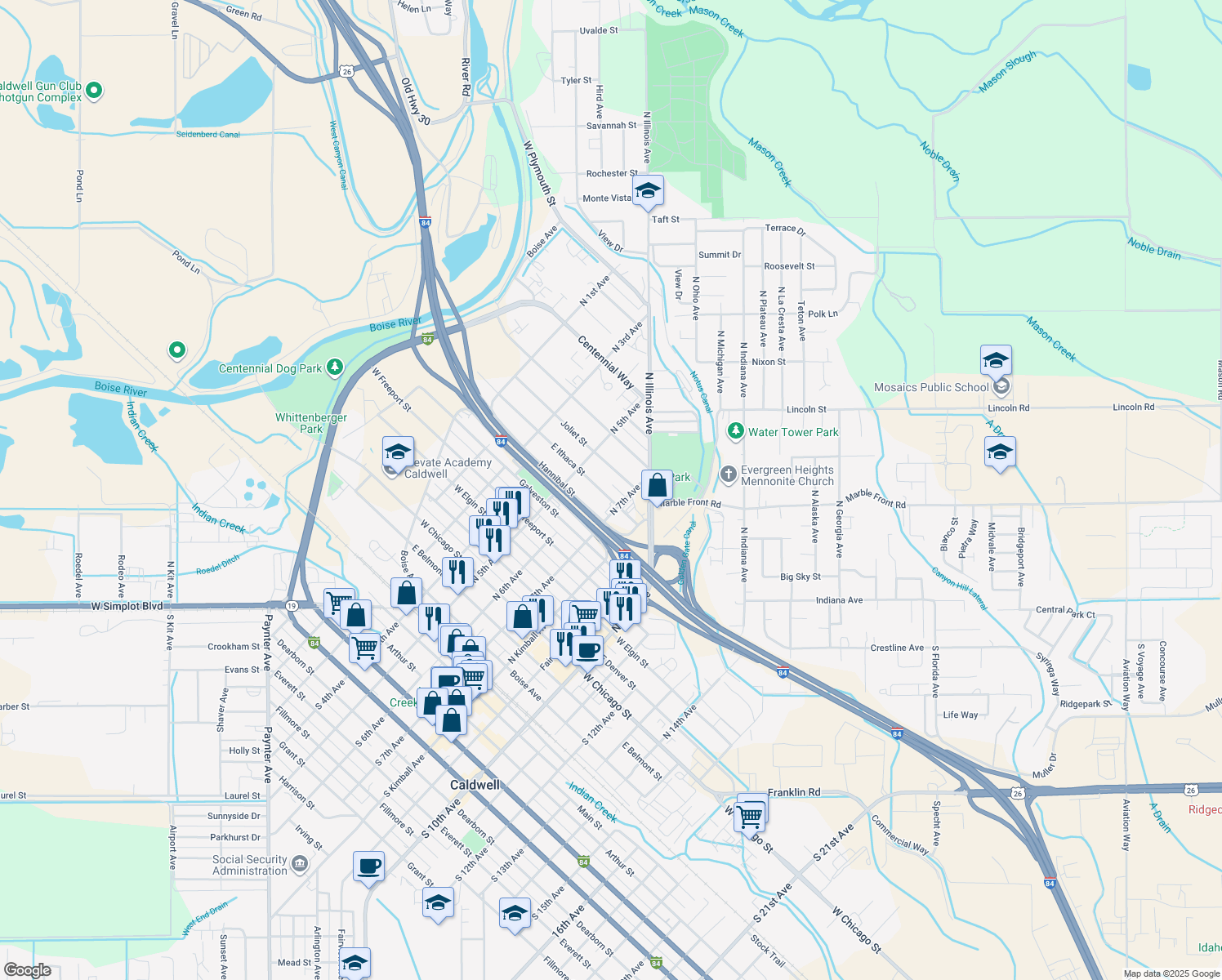 map of restaurants, bars, coffee shops, grocery stores, and more near 609 East Ithaca Street in Caldwell