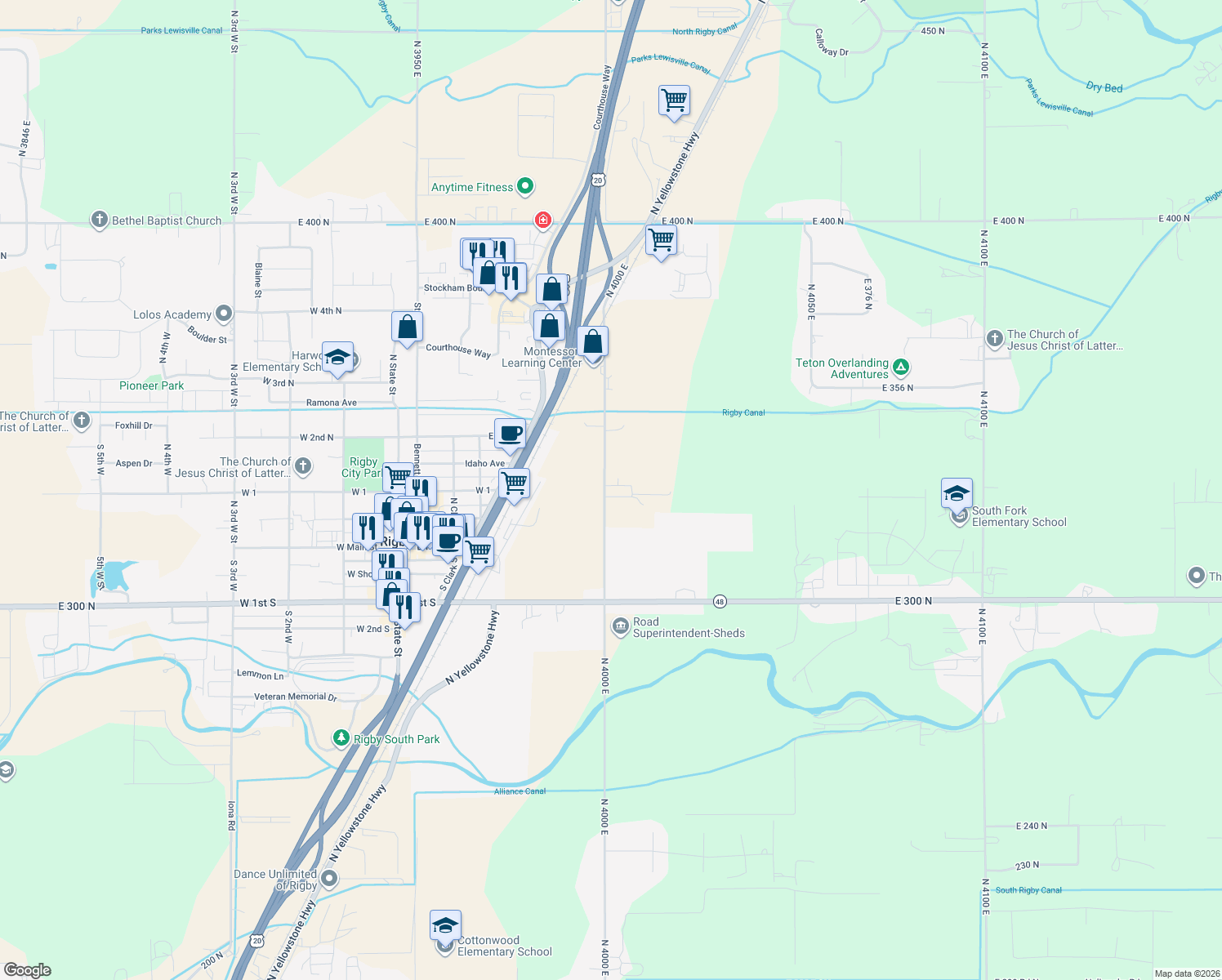 map of restaurants, bars, coffee shops, grocery stores, and more near 328 North 4000 East in Rigby
