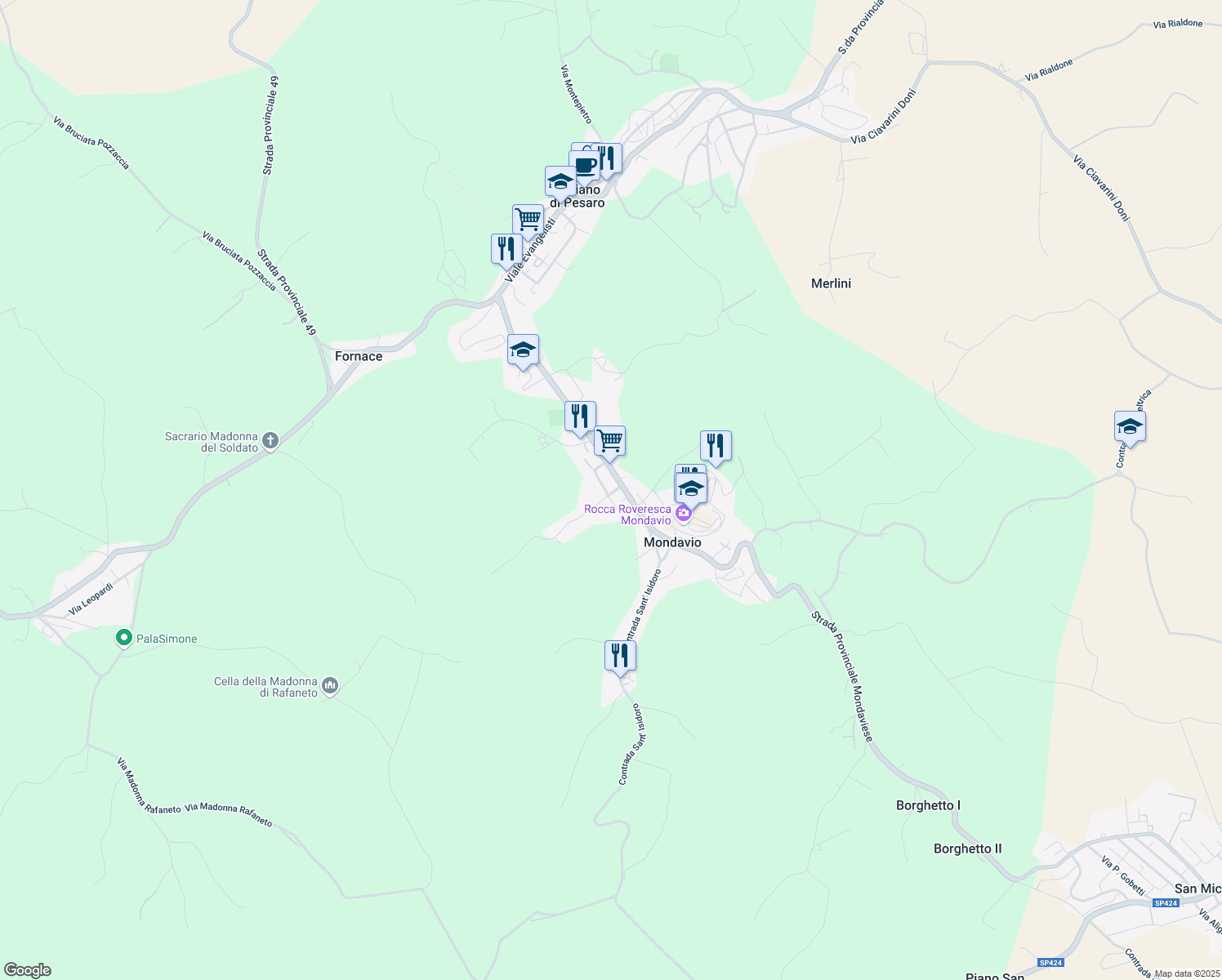 map of restaurants, bars, coffee shops, grocery stores, and more near 10 Via Buzzo in Mondavio