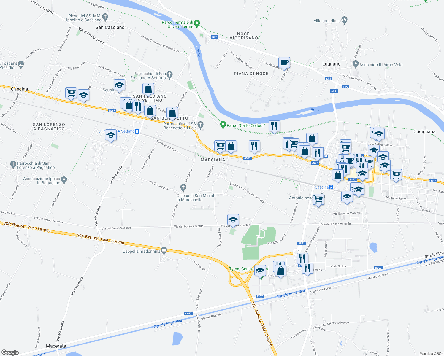 map of restaurants, bars, coffee shops, grocery stores, and more near 1 Via della Chiesa in Cascina