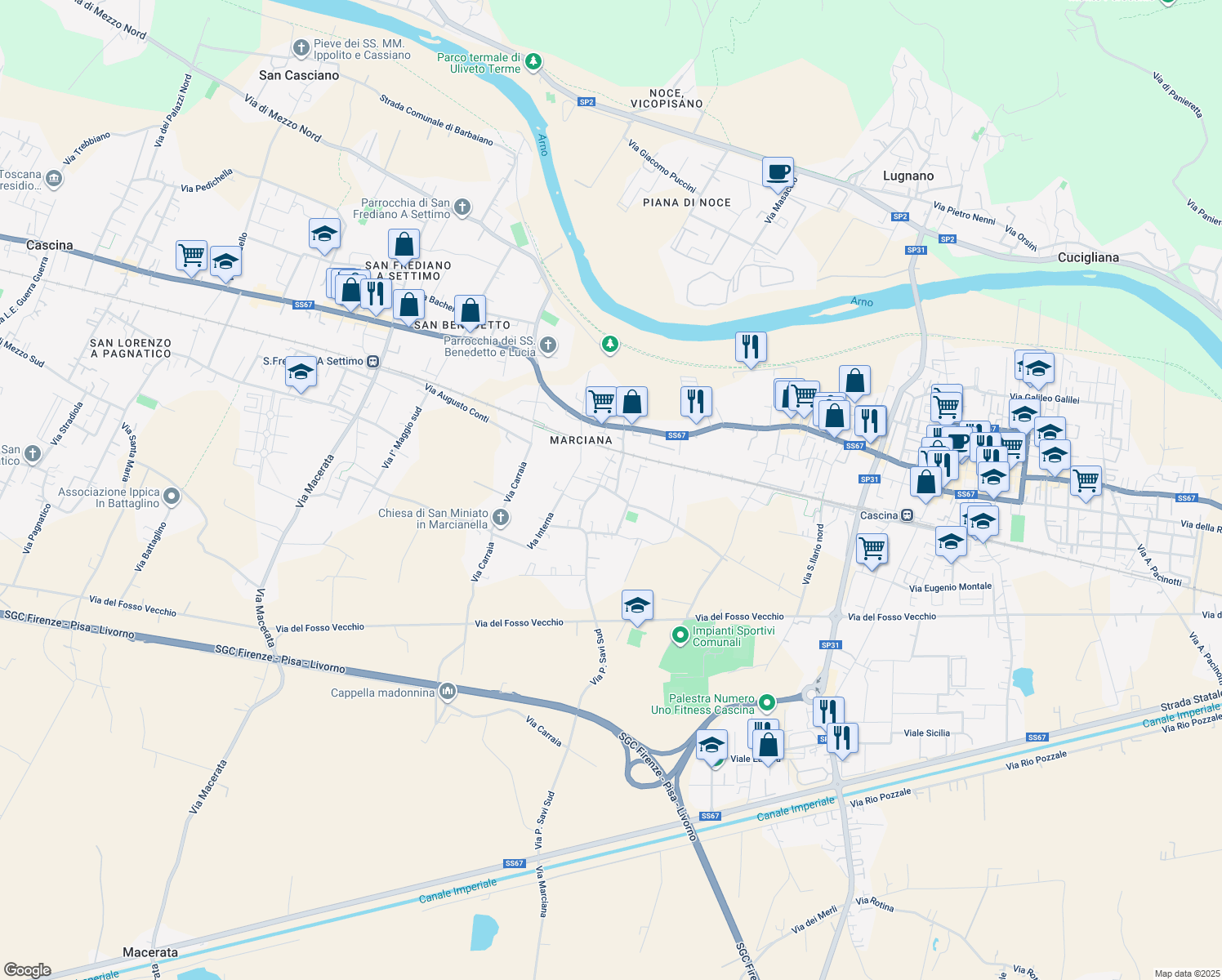 map of restaurants, bars, coffee shops, grocery stores, and more near 1 Via della Chiesa in Cascina