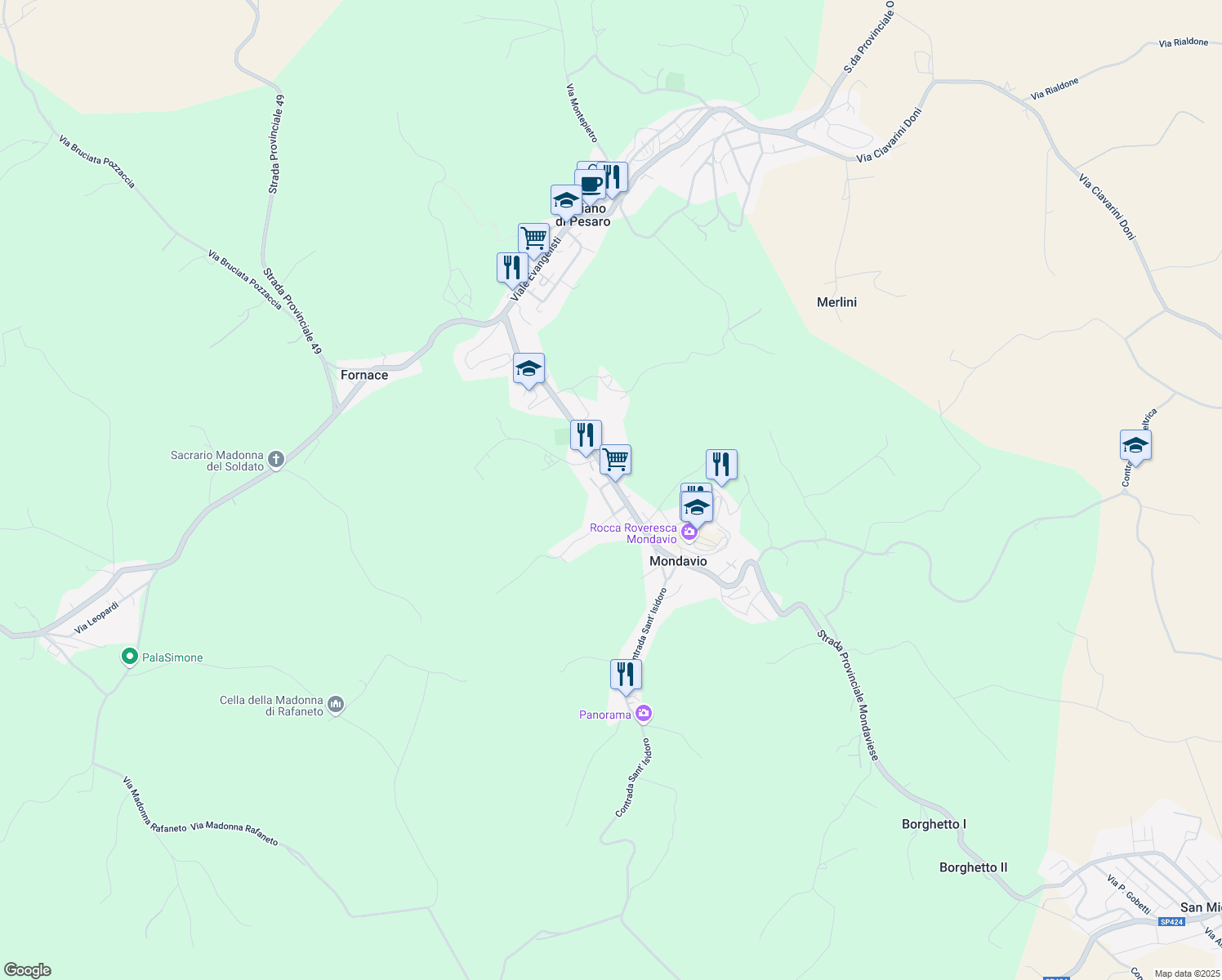 map of restaurants, bars, coffee shops, grocery stores, and more near 10 Via Buzzo in Mondavio