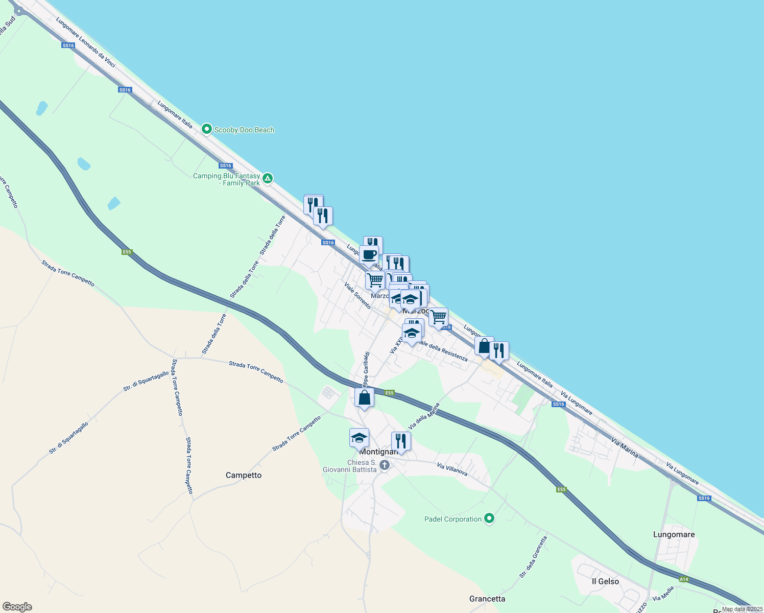 map of restaurants, bars, coffee shops, grocery stores, and more near 4 Piazza Amalfi in Montignano-marzocca