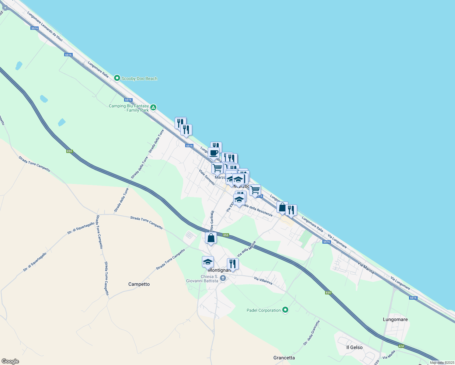 map of restaurants, bars, coffee shops, grocery stores, and more near 61 Via Giuseppe Garibaldi in Montignano-marzocca
