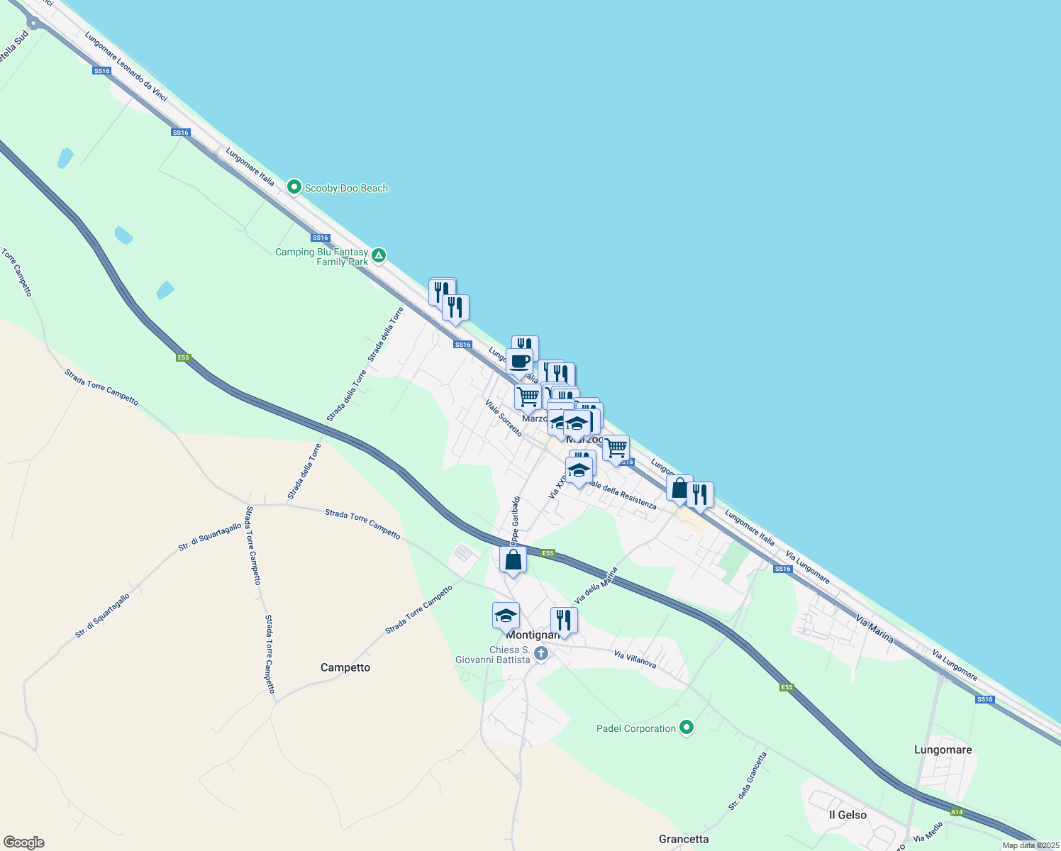map of restaurants, bars, coffee shops, grocery stores, and more near 4 Piazza Amalfi in Montignano-marzocca