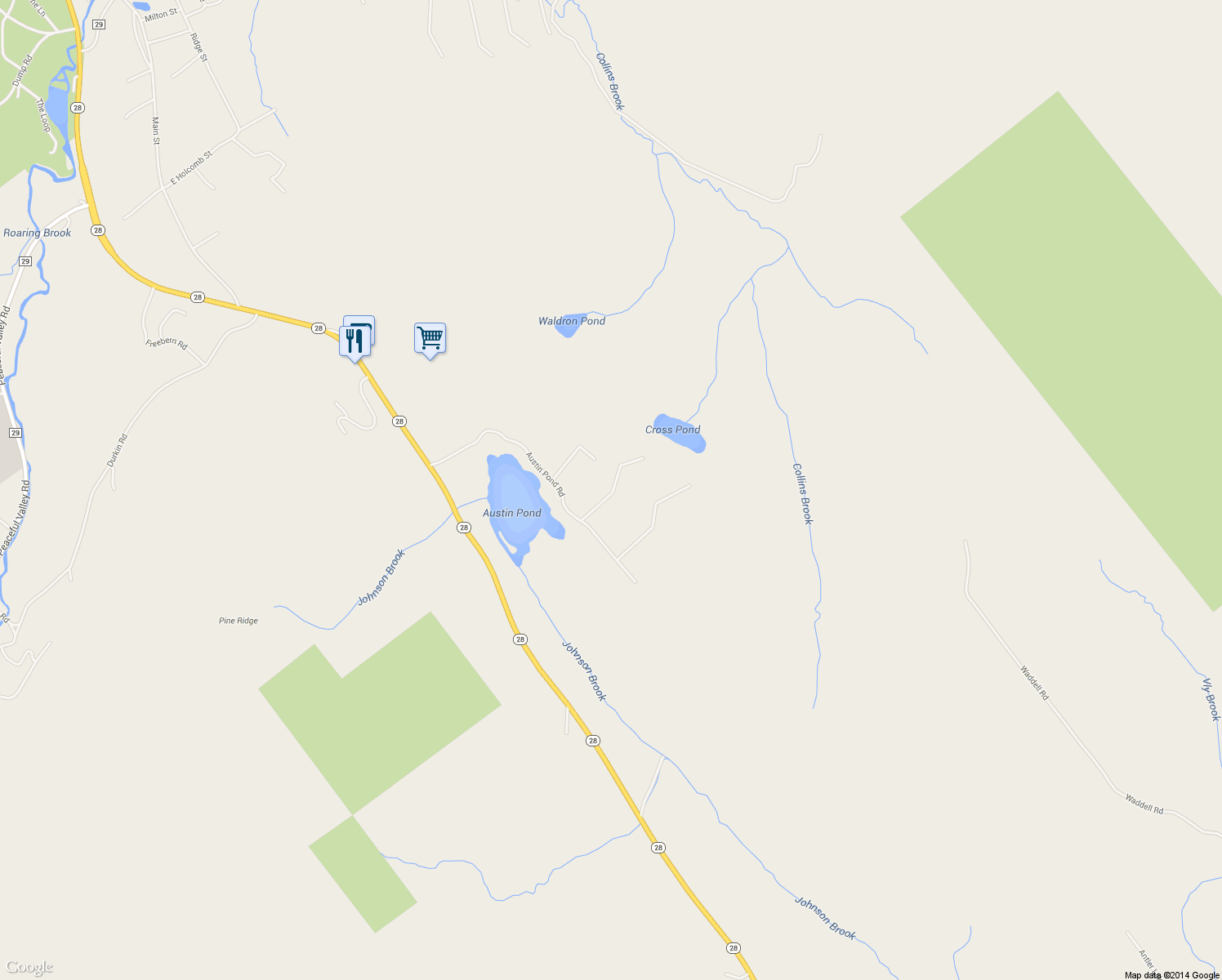 map of restaurants, bars, coffee shops, grocery stores, and more near 125 Austin Pond Road in North Creek