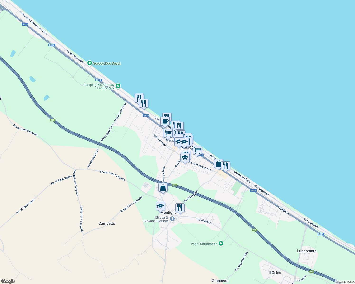 map of restaurants, bars, coffee shops, grocery stores, and more near 61 Via Giuseppe Garibaldi in Montignano-Marzocca