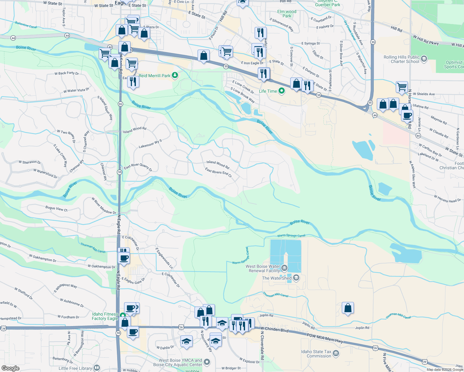 map of restaurants, bars, coffee shops, grocery stores, and more near 2106 S Riverbirch Pl in Eagle