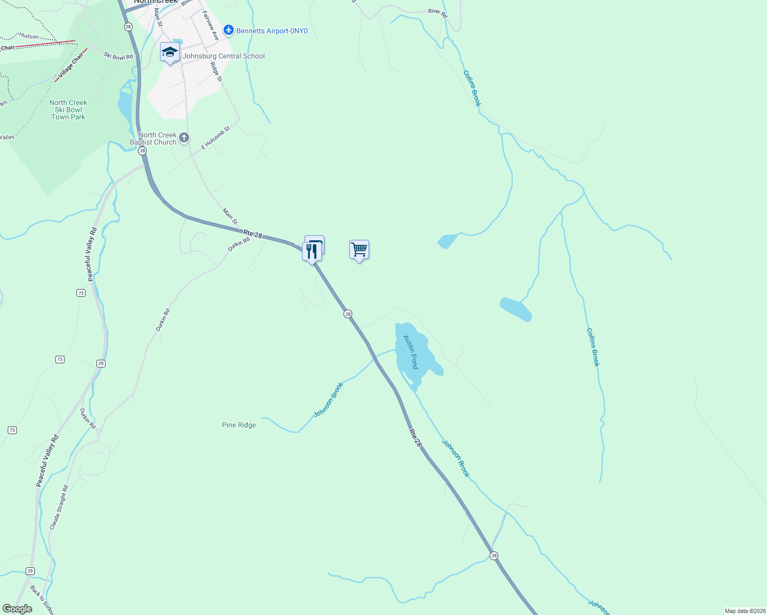 map of restaurants, bars, coffee shops, grocery stores, and more near 35 Austin Pond Road in North Creek