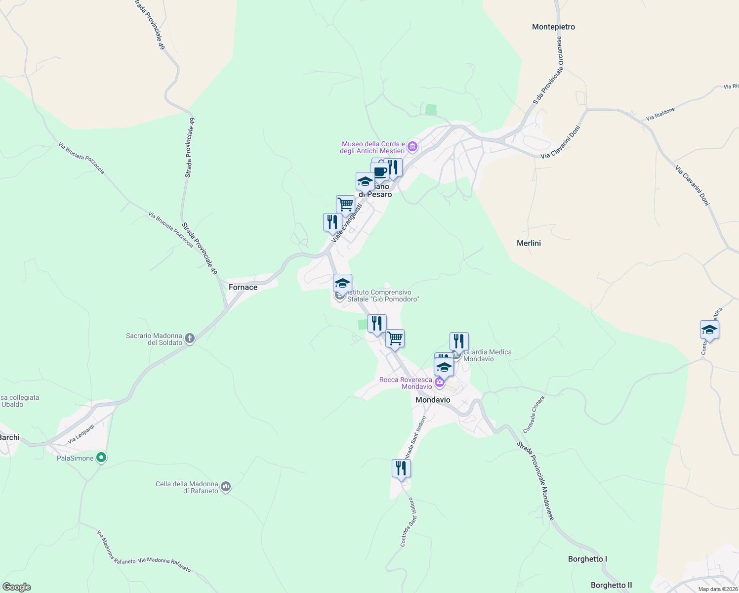 map of restaurants, bars, coffee shops, grocery stores, and more near 12A Via Cannella in Orciano di Pesaro