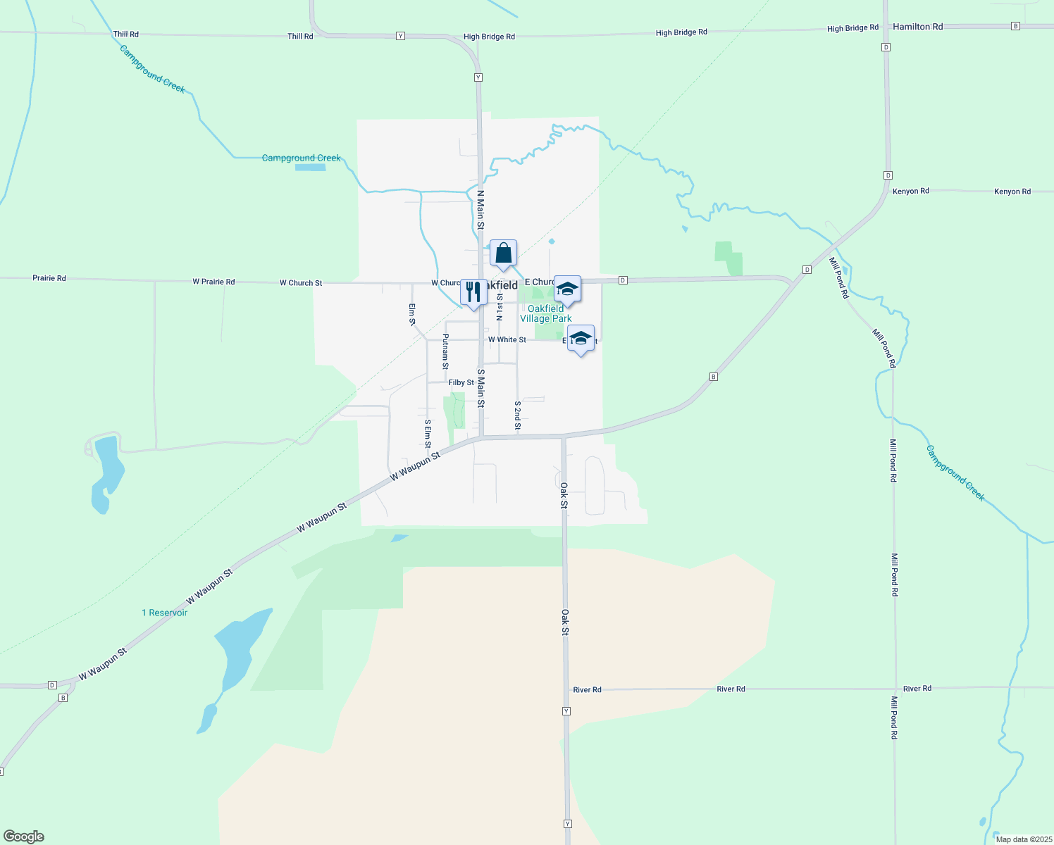 map of restaurants, bars, coffee shops, grocery stores, and more near 289 South 2nd Street in Oakfield