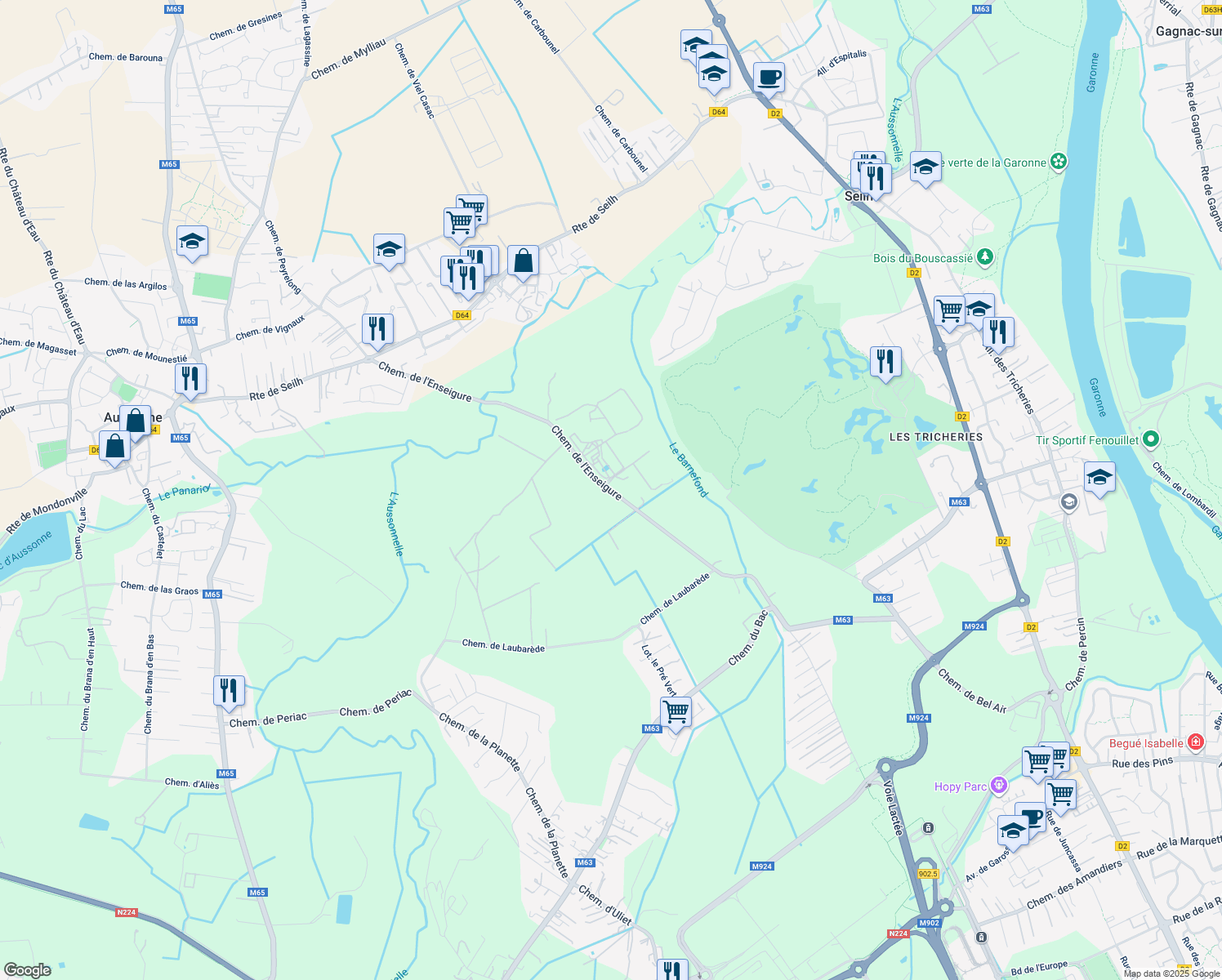 map of restaurants, bars, coffee shops, grocery stores, and more near Chemin de l'Enseigure in Aussonne