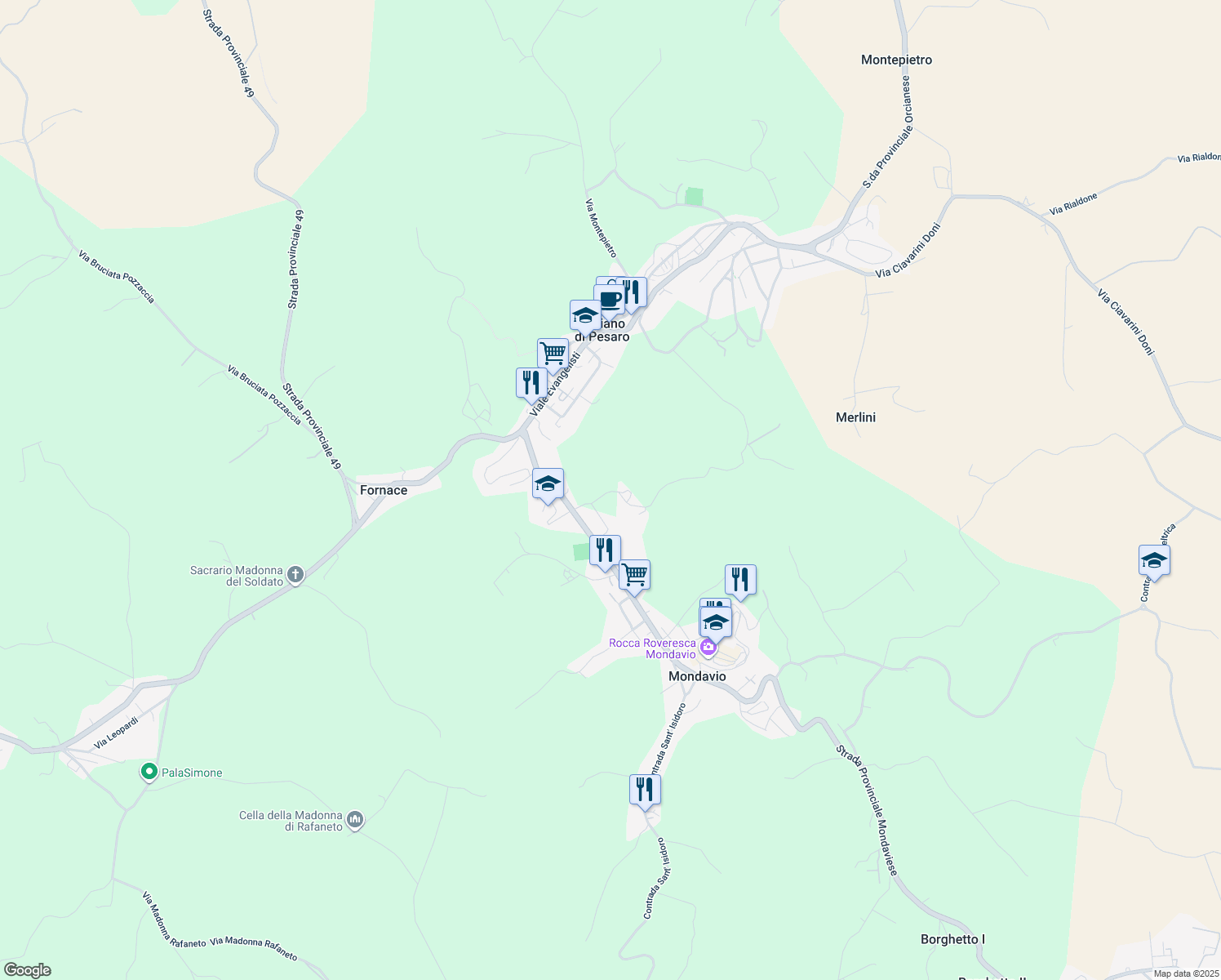 map of restaurants, bars, coffee shops, grocery stores, and more near 12A Via Cannella in Orciano di Pesaro