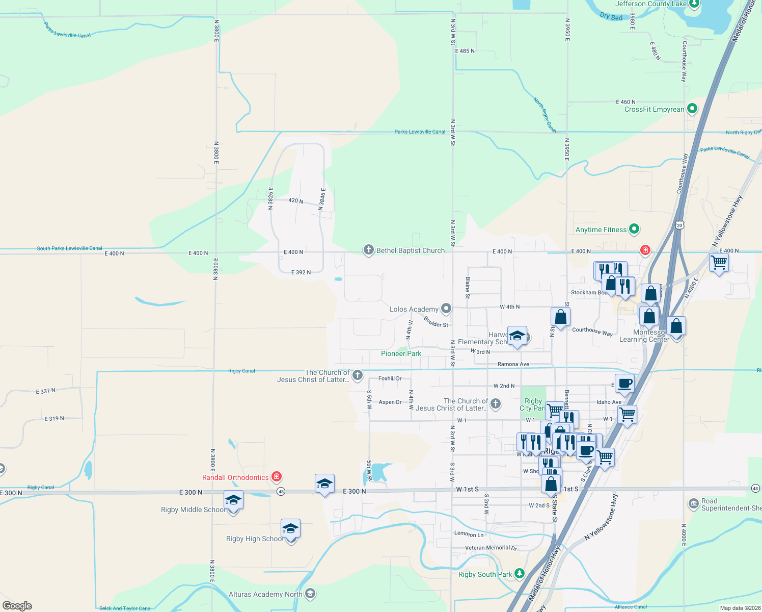 map of restaurants, bars, coffee shops, grocery stores, and more near 3866 East 380 North in Rigby