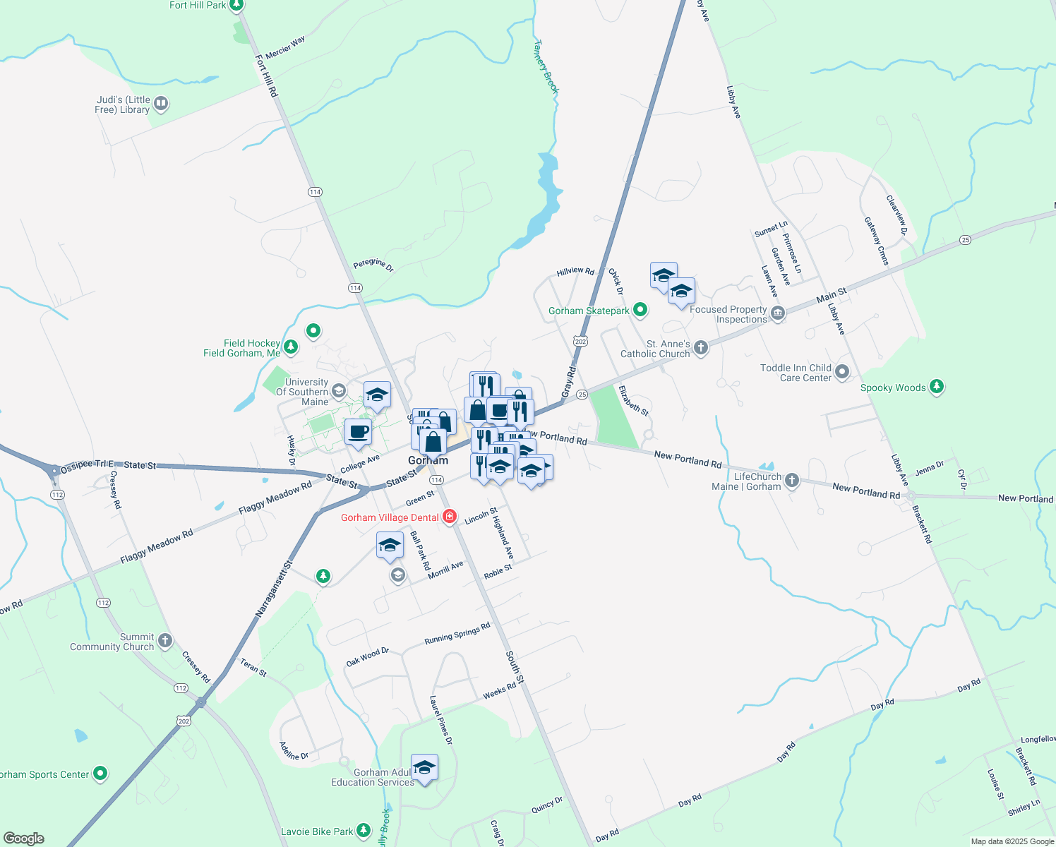map of restaurants, bars, coffee shops, grocery stores, and more near 151 Main Street in Gorham