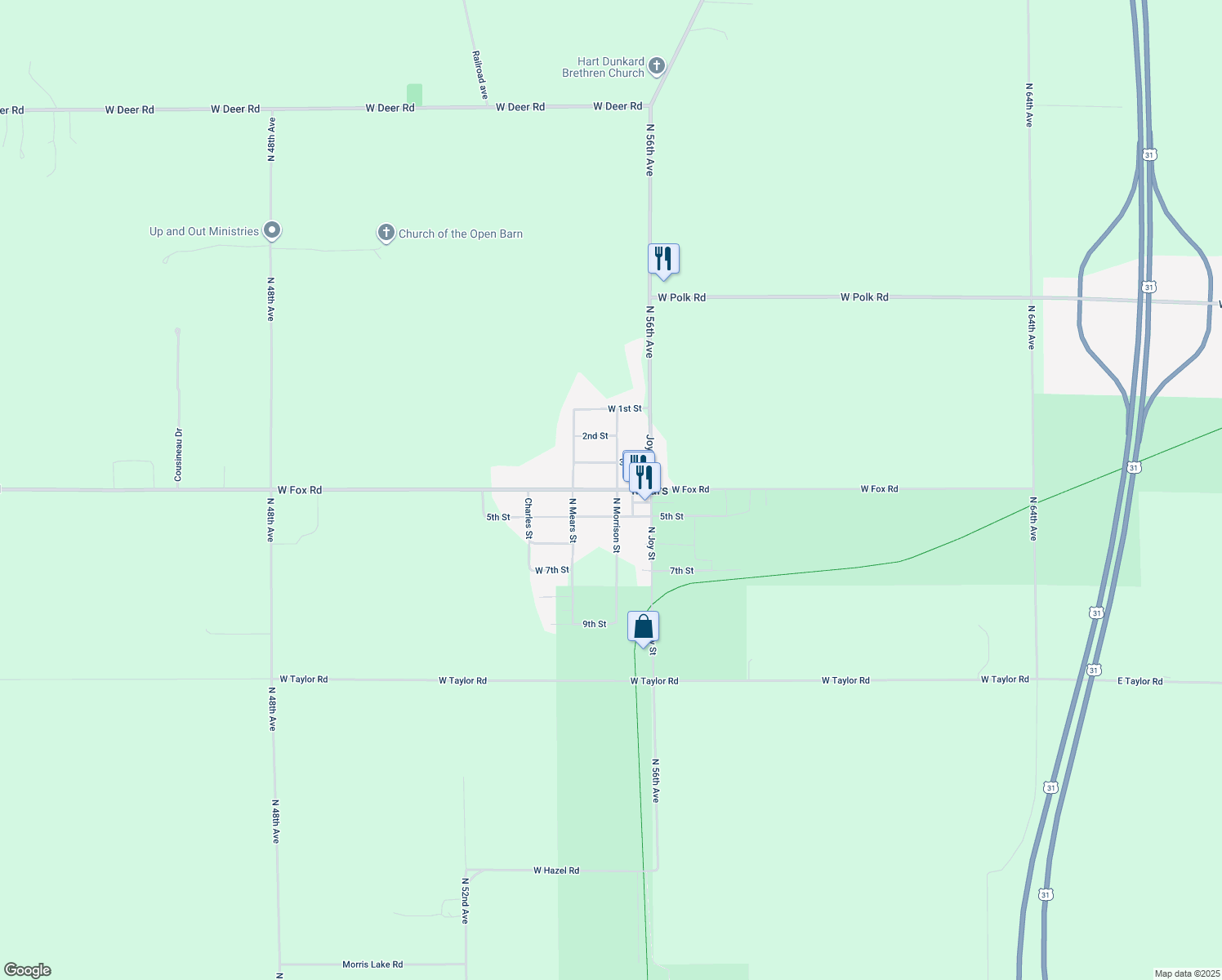 map of restaurants, bars, coffee shops, grocery stores, and more near 5689 West Fox Road in Mears