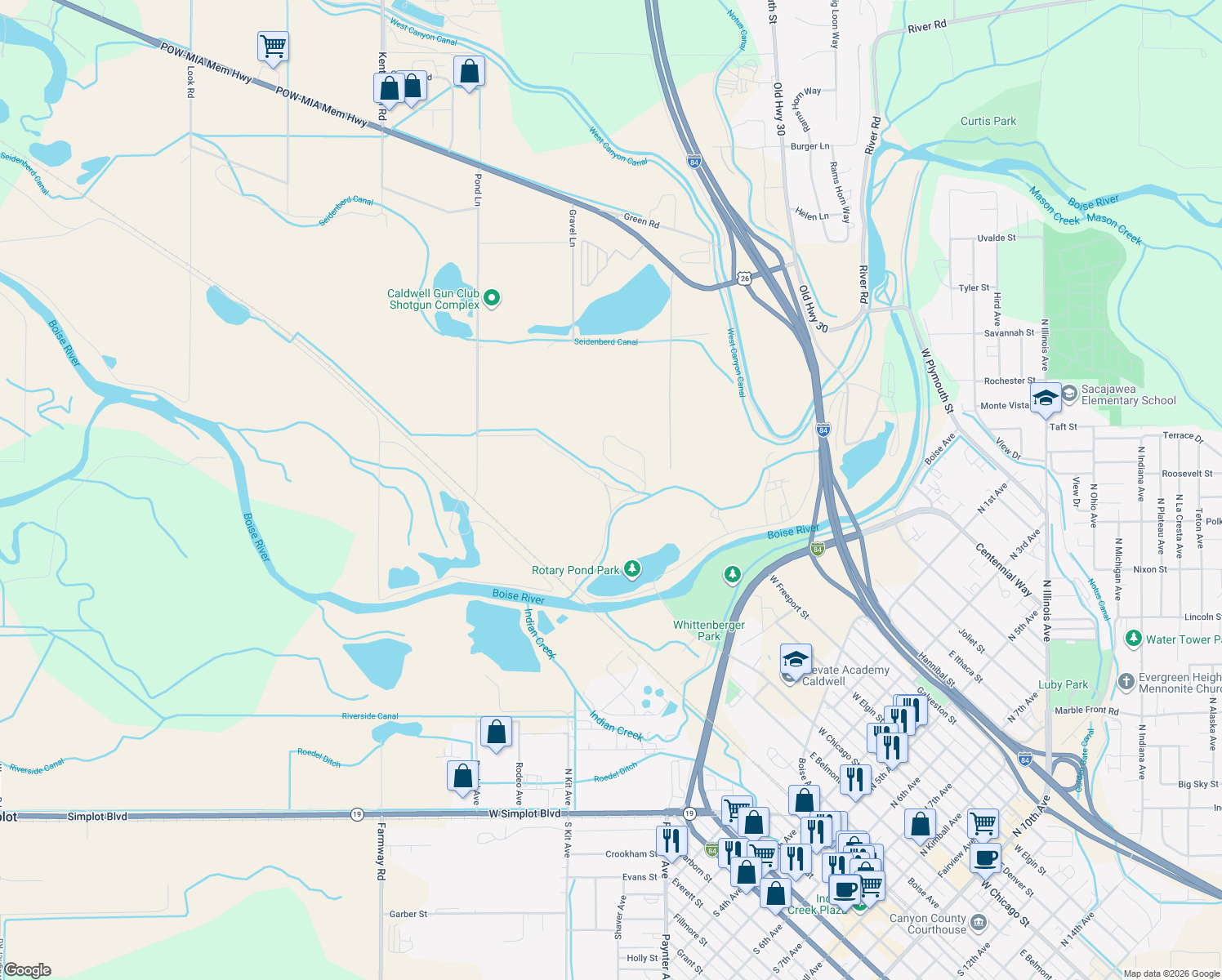 map of restaurants, bars, coffee shops, grocery stores, and more near 21486 Pond Lane in Caldwell