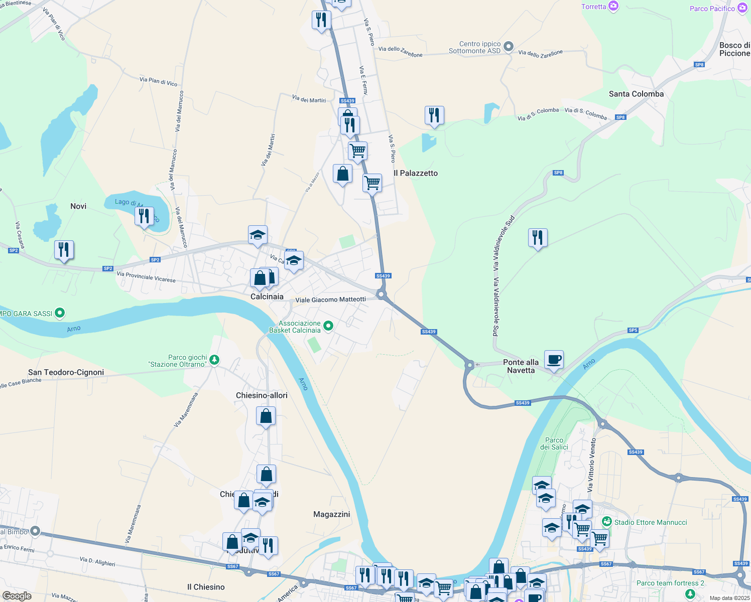 map of restaurants, bars, coffee shops, grocery stores, and more near 50 Viale Giacomo Matteotti in Calcinaia