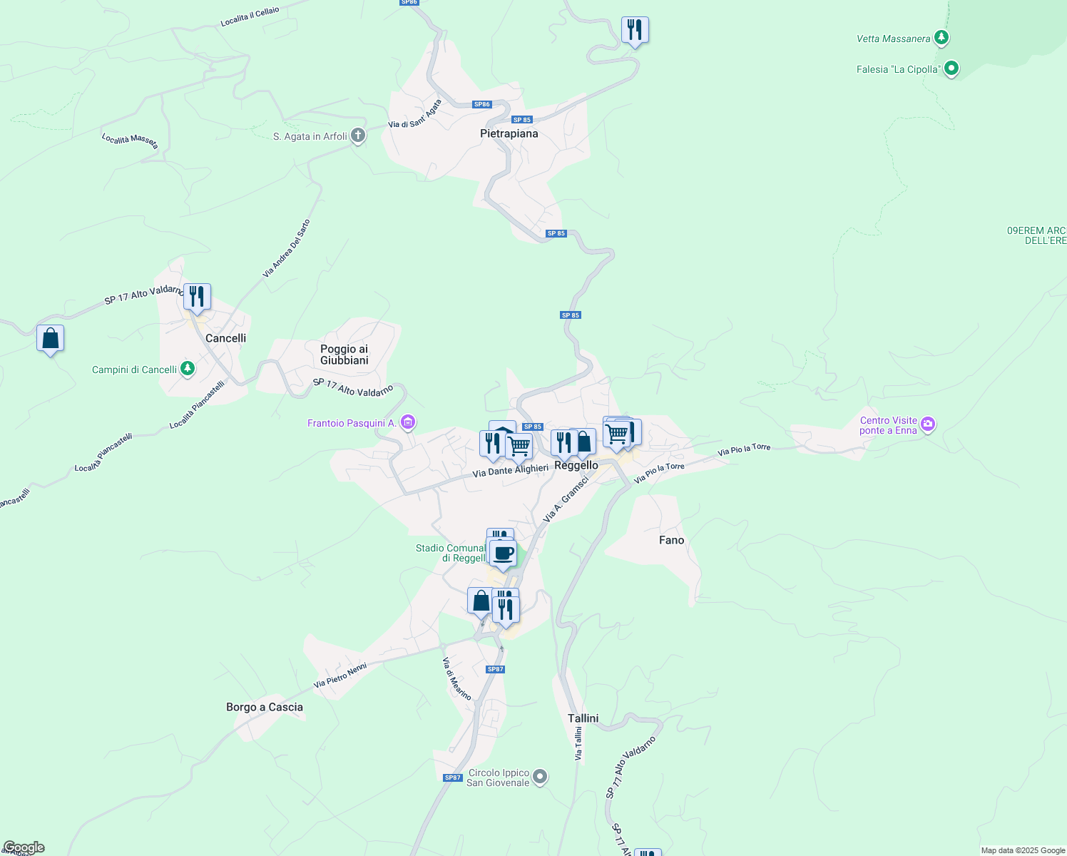 map of restaurants, bars, coffee shops, grocery stores, and more near SP 85 di Vallombrosa in Reggello