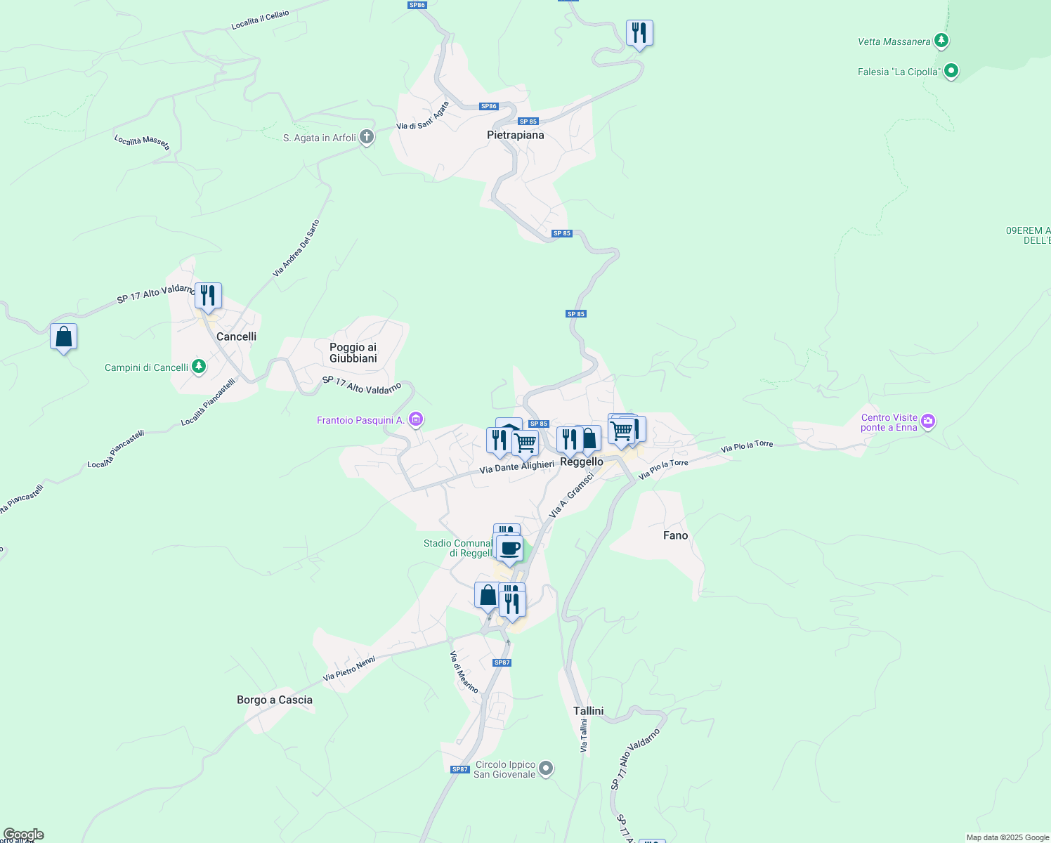 map of restaurants, bars, coffee shops, grocery stores, and more near SP 85 di Vallombrosa in Reggello
