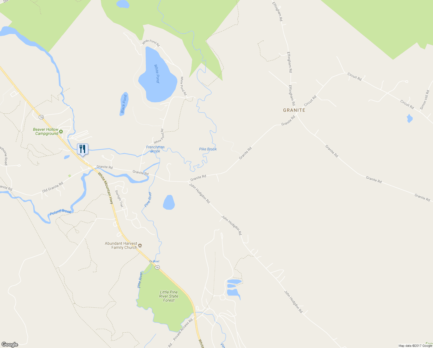 map of restaurants, bars, coffee shops, grocery stores, and more near 78 Granite Road in Ossipee